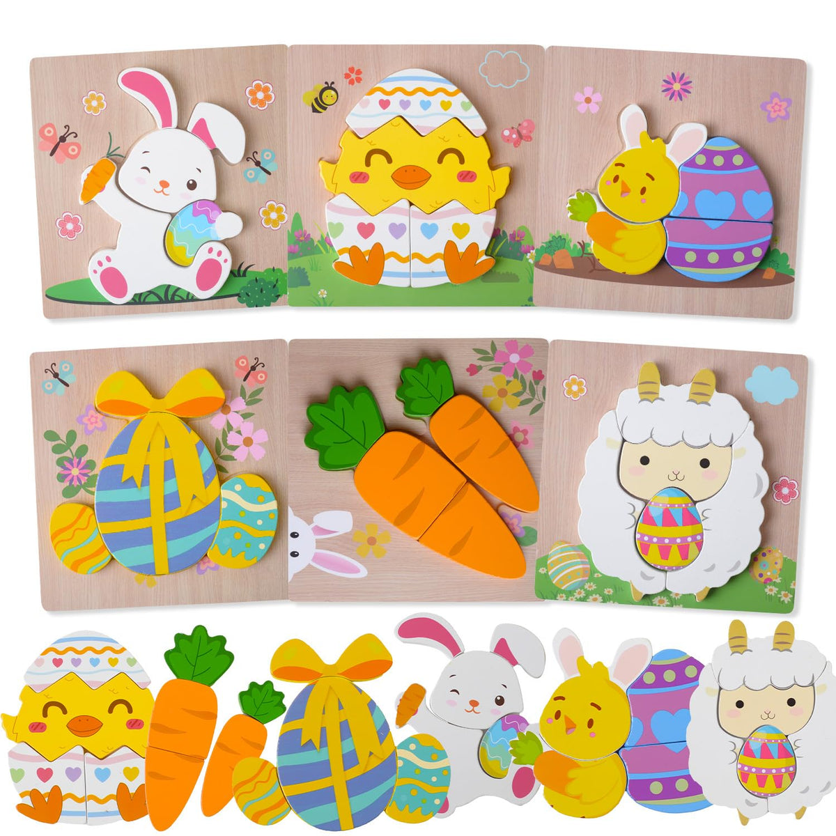 YIYEE 6 Pack Wooden Puzzles for Toddlers – Easter Gifts & Montessori Toys