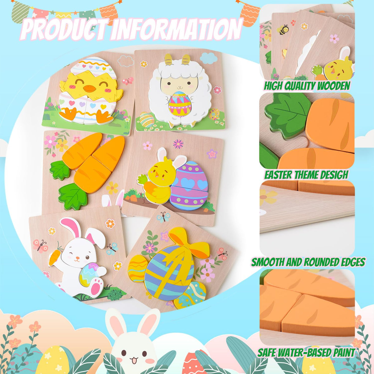 YIYEE 6 Pack Wooden Puzzles for Toddlers – Easter Gifts & Montessori Toys