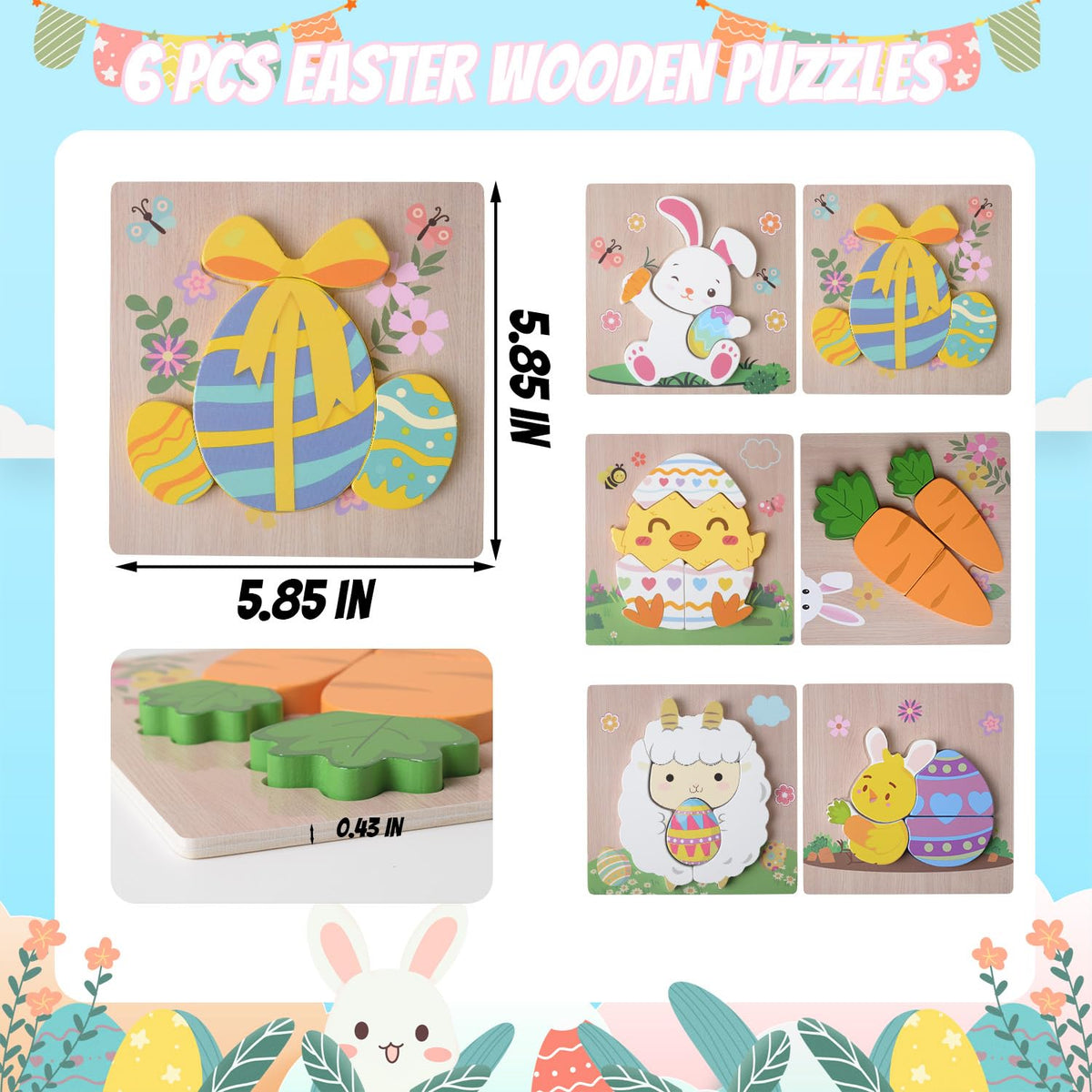 YIYEE 6 Pack Wooden Puzzles for Toddlers – Easter Gifts & Montessori Toys