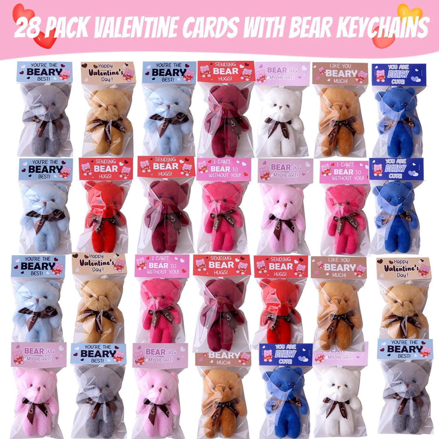 YIYEE 28-Pack Valentines Day Cards for Kids with Plush Bears – 7 Designs, Classroom Party Favors