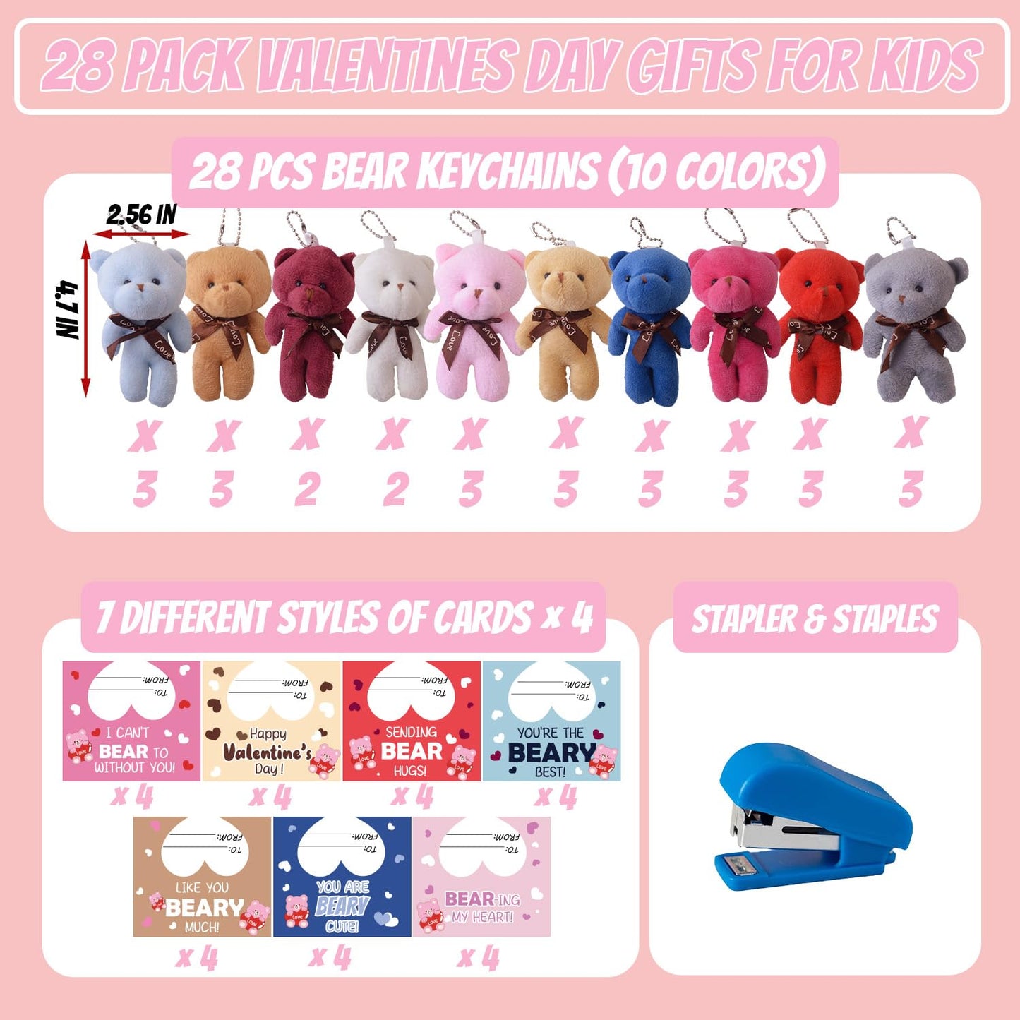 YIYEE 28-Pack Valentines Day Cards for Kids with Plush Bears – 7 Designs, Classroom Party Favors