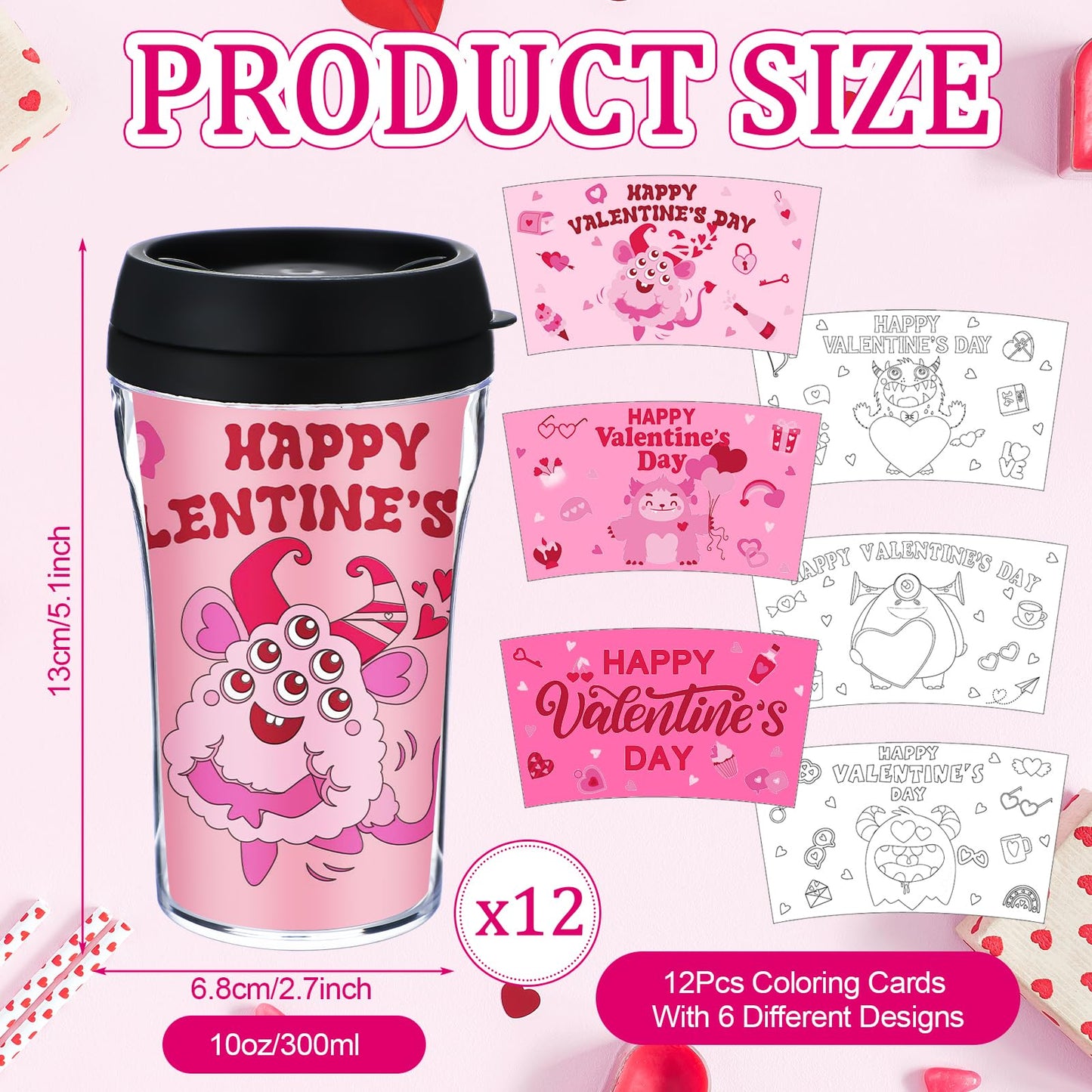 Yiyiring Valentine DIY Color Your Own Cups – 12 Pack 10 oz Monster Coloring Mugs