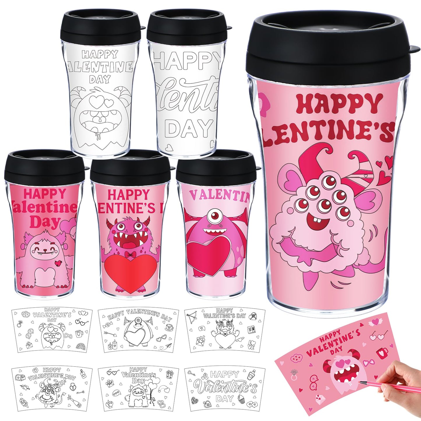 Yiyiring Valentine DIY Color Your Own Cups – 12 Pack 10 oz Monster Coloring Mugs
