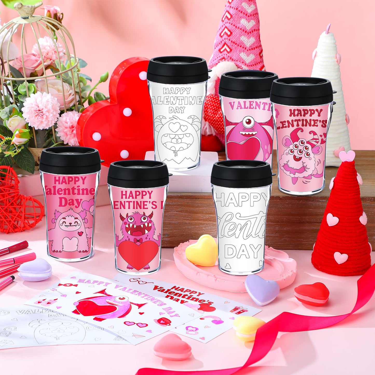 Yiyiring Valentine DIY Color Your Own Cups – 12 Pack 10 oz Monster Coloring Mugs
