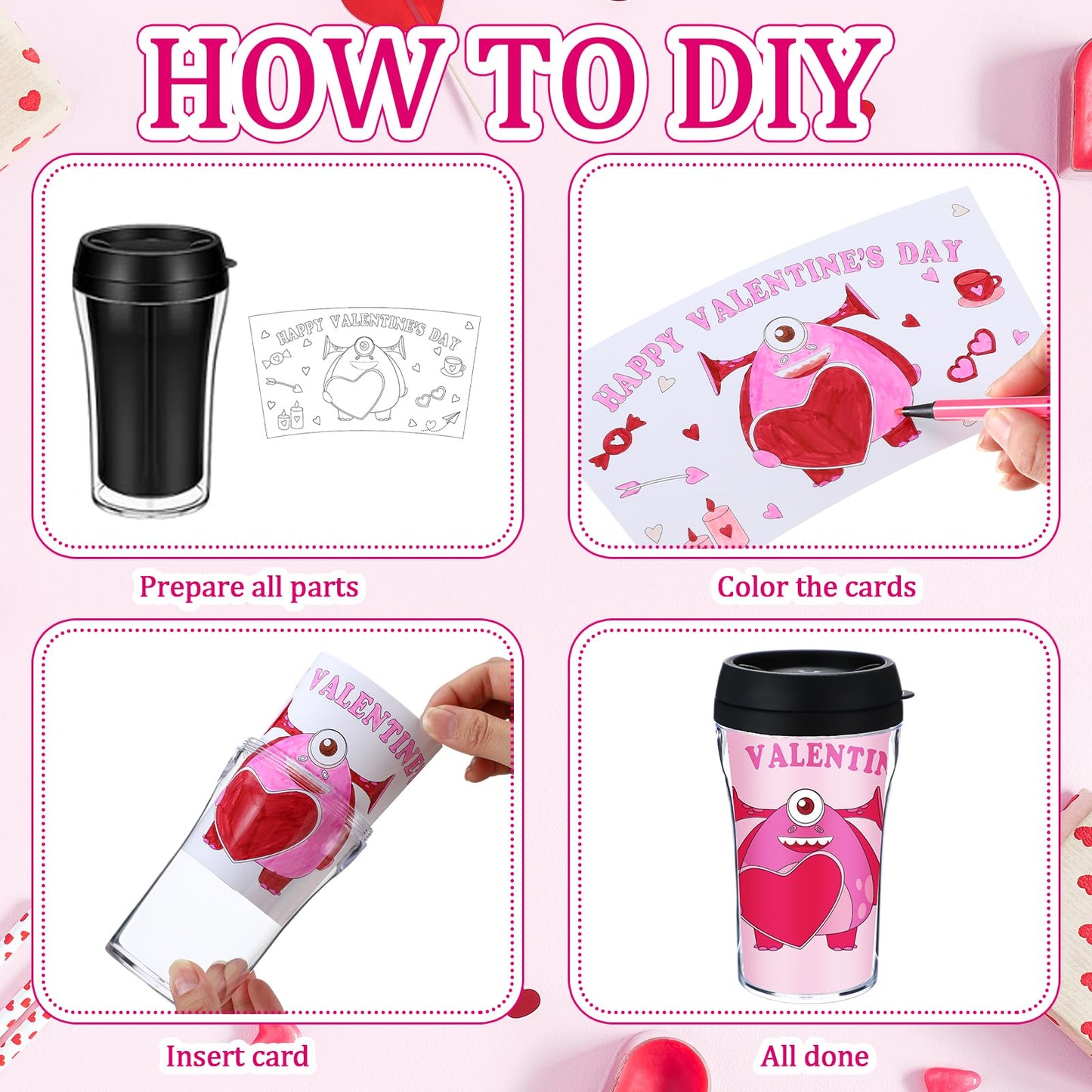 Yiyiring Valentine DIY Color Your Own Cups – 12 Pack 10 oz Monster Coloring Mugs