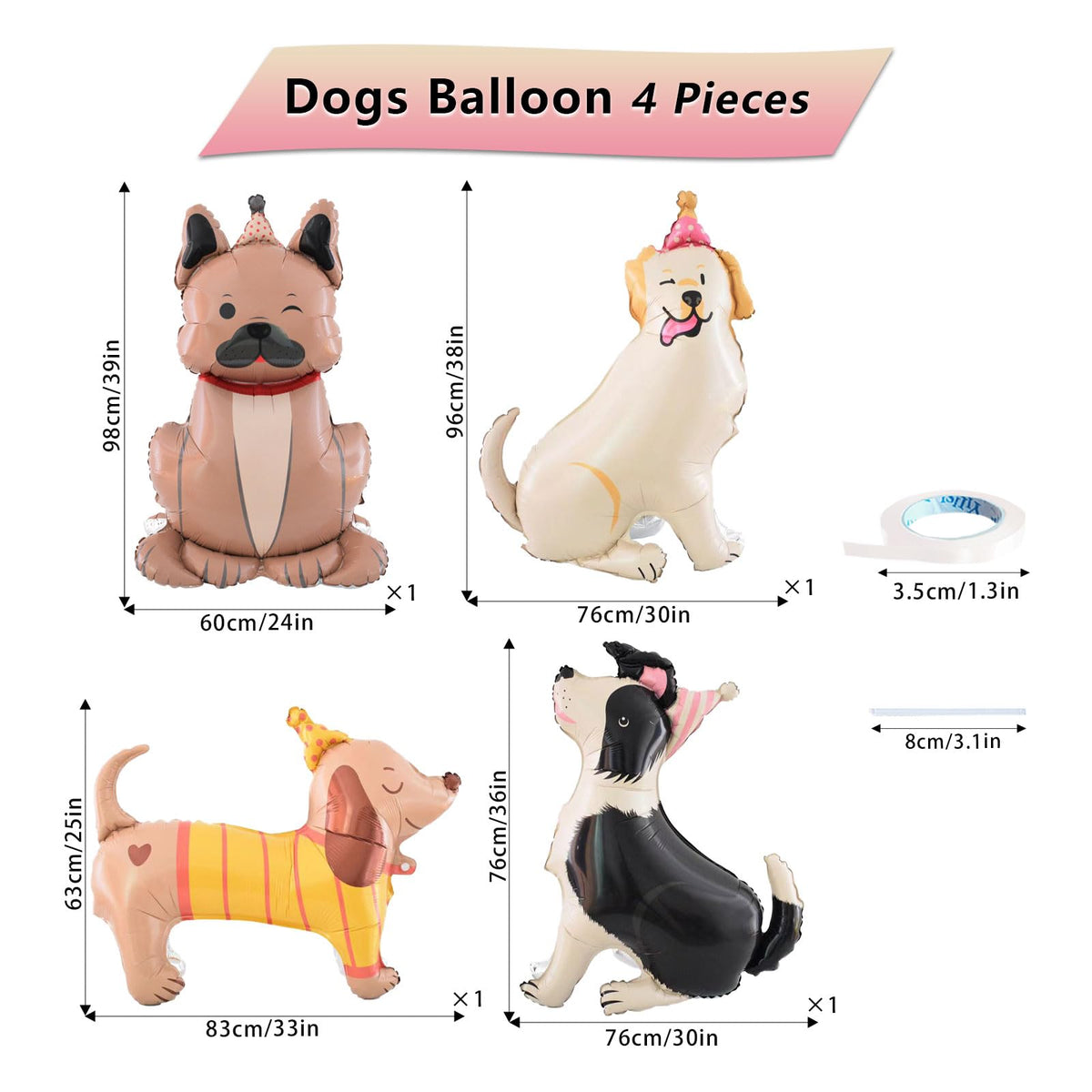 YiYou 4D Standing Puppy Foil Balloons - 4-Pack Self-Standing Dog Theme Party Decor