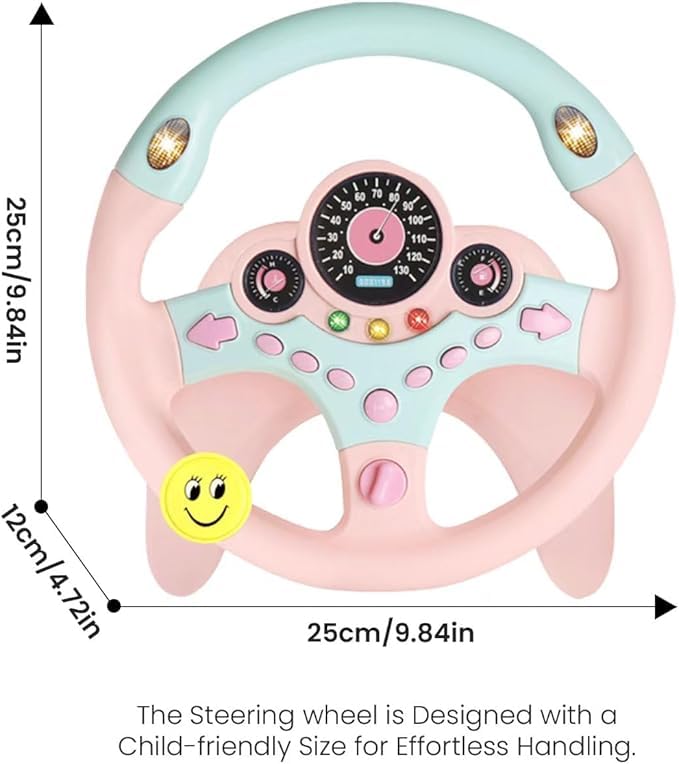YIYZAOF Kids Steering Wheel Toy for Car Backseat – Light, Music, Suction Base – Pink