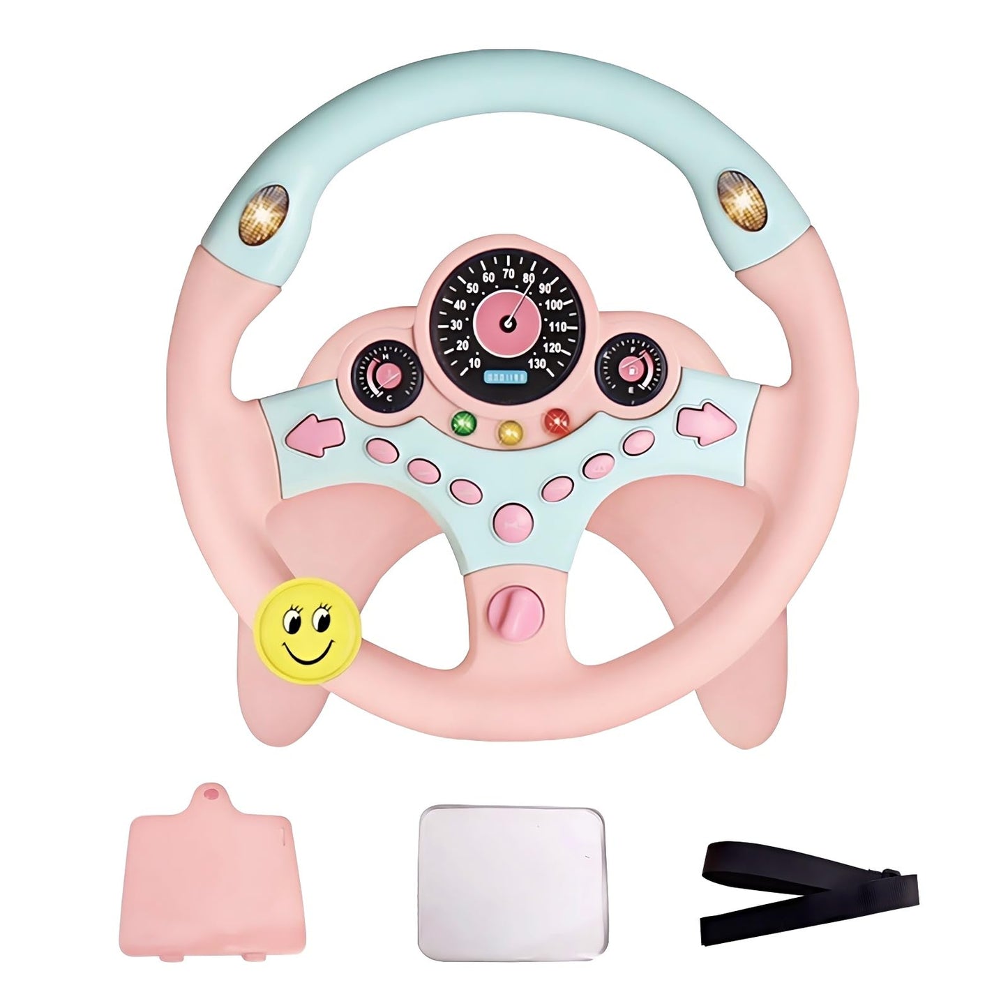 YIYZAOF Kids Steering Wheel Toy for Car Backseat – Light, Music, Suction Base – Pink
