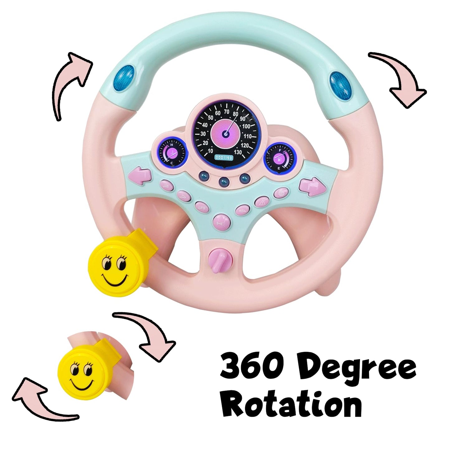 YIYZAOF Kids Steering Wheel Toy for Car Backseat – Light, Music, Suction Base – Pink