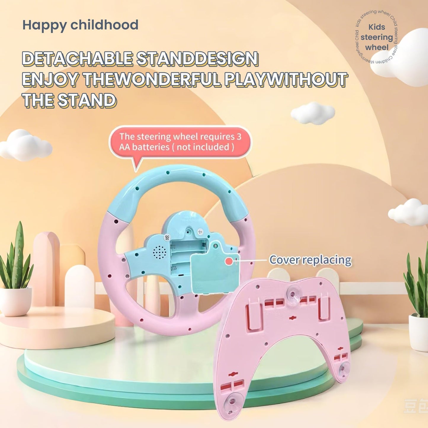 YIYZAOF Kids Steering Wheel Toy for Car Backseat – Light, Music, Suction Base – Pink