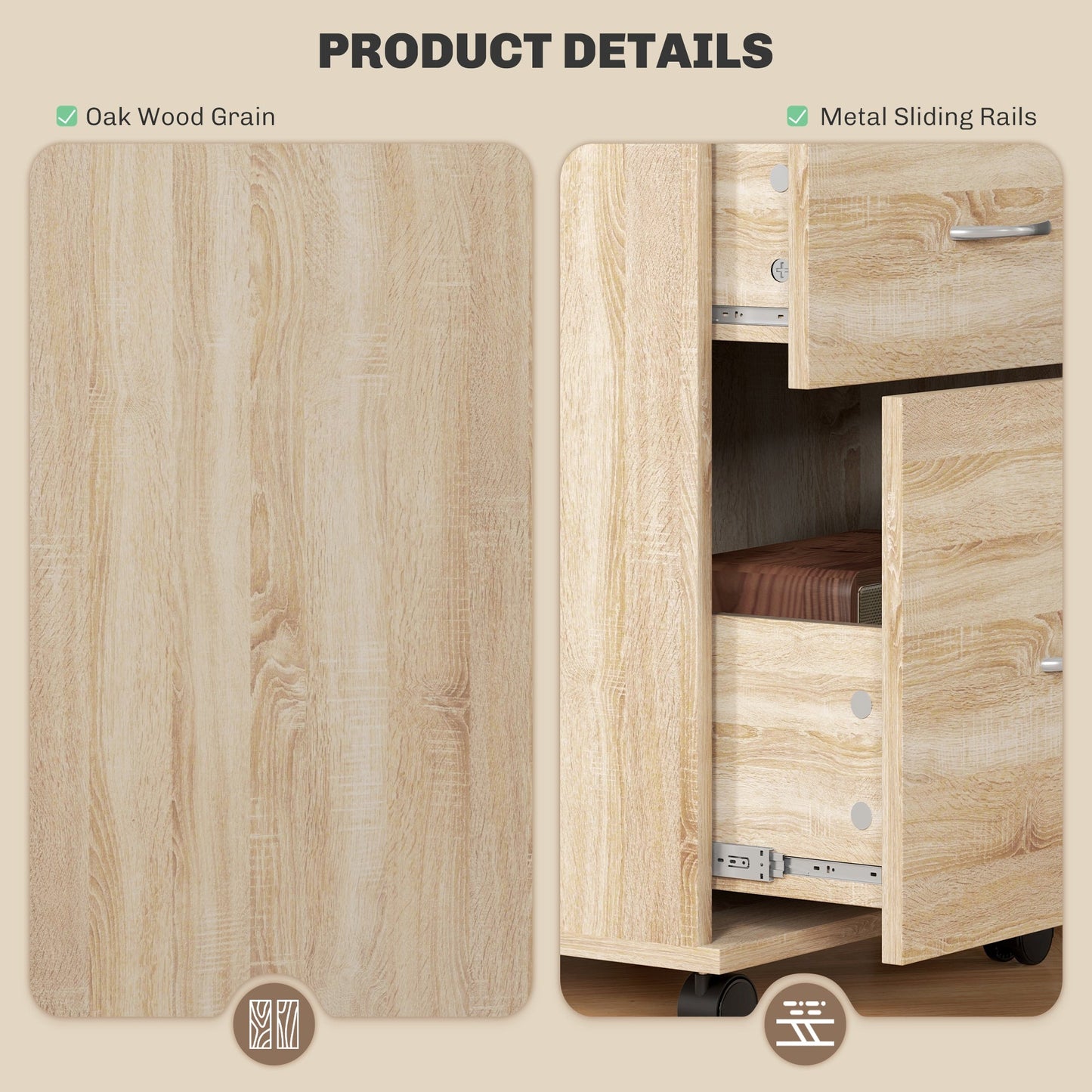 HOMCOM Pedestal Office Mobile Filing Cabinet 2 Drawer Wooden Storage Oak