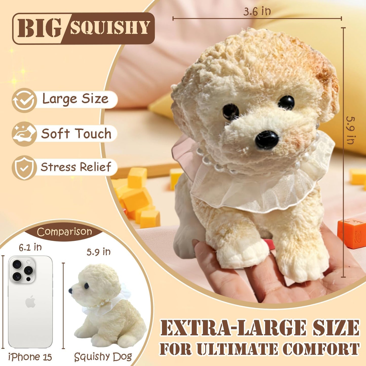 YJPPDD Big Taba Squishy Dog – Cream Color Stress Relief Toy for Adults & Kids