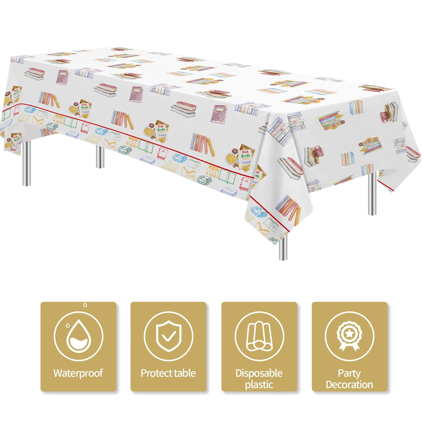 YJRJSC Book Themed Party Tablecloth - 3 Pcs, 54x108 in, Disposable Library Reading Theme