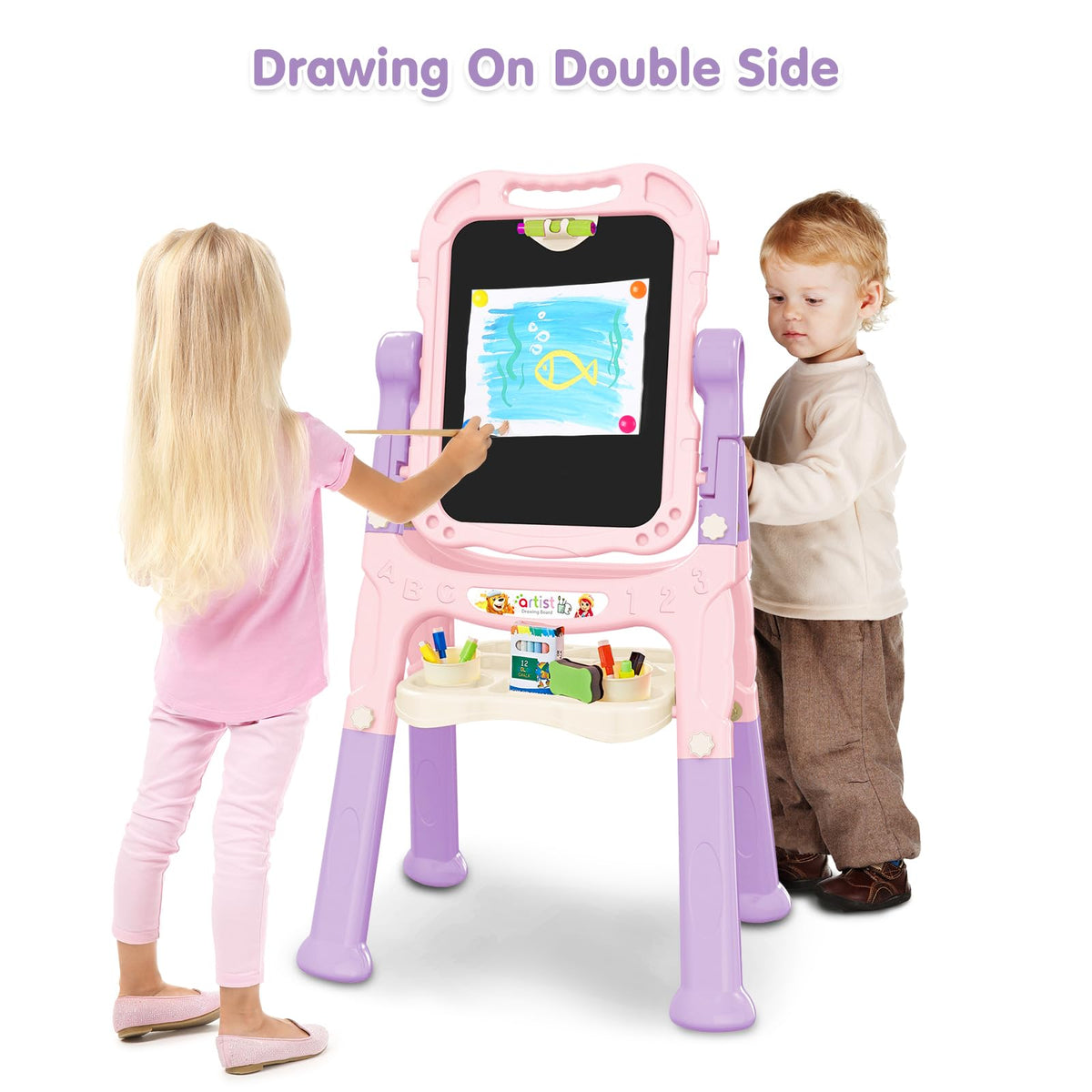 Ylovetoys Kids Art Easel – Adjustable Double-Sided Whiteboard & Chalkboard (Pink)