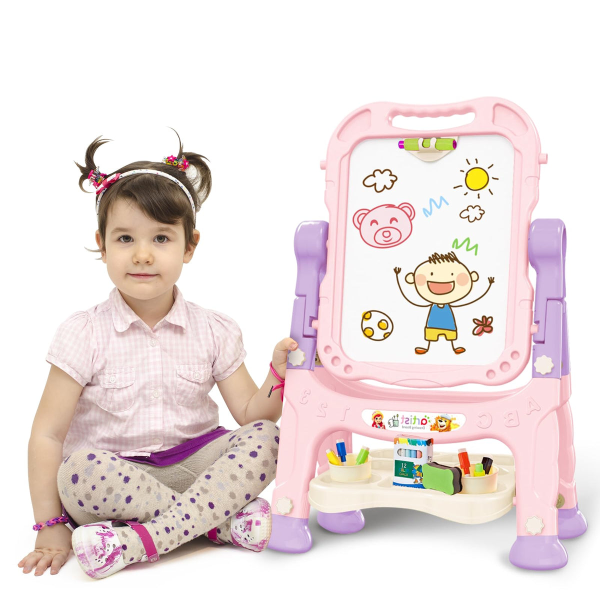 Ylovetoys Kids Art Easel – Adjustable Double-Sided Whiteboard & Chalkboard (Pink)