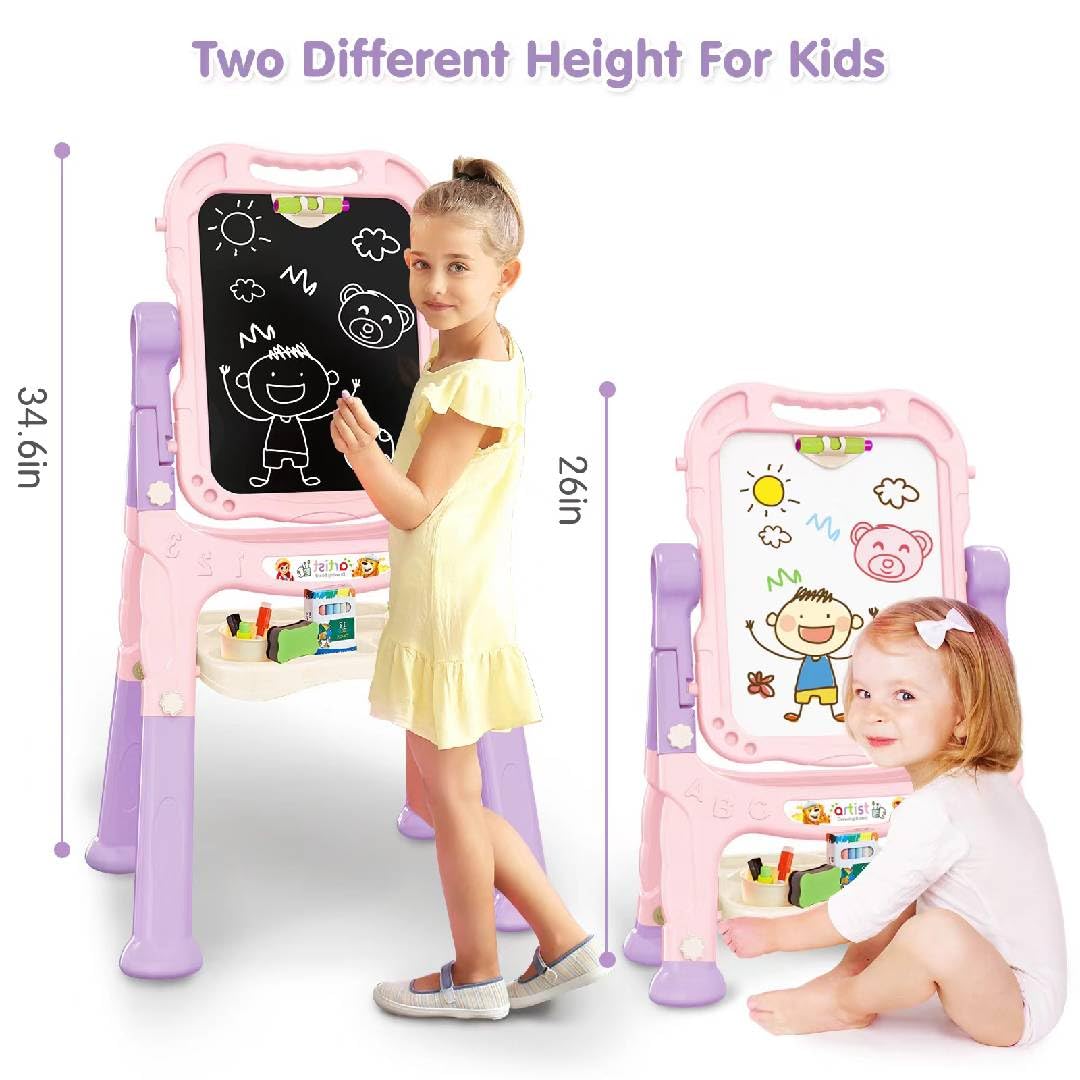 Ylovetoys Kids Art Easel – Adjustable Double-Sided Whiteboard & Chalkboard (Pink)