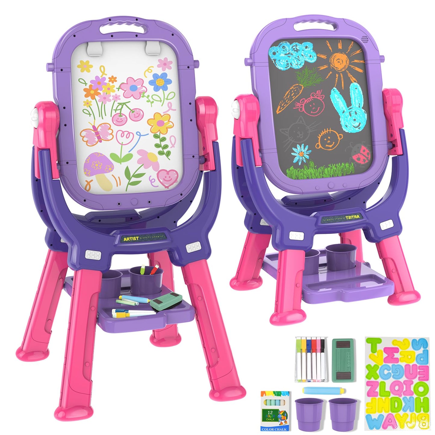 Ylovetoys Adjustable Magnetic Double-Sided Easel for Kids - Purple-Red