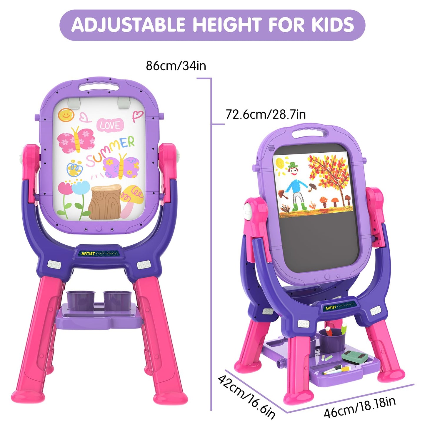 Ylovetoys Adjustable Magnetic Double-Sided Easel for Kids - Purple-Red