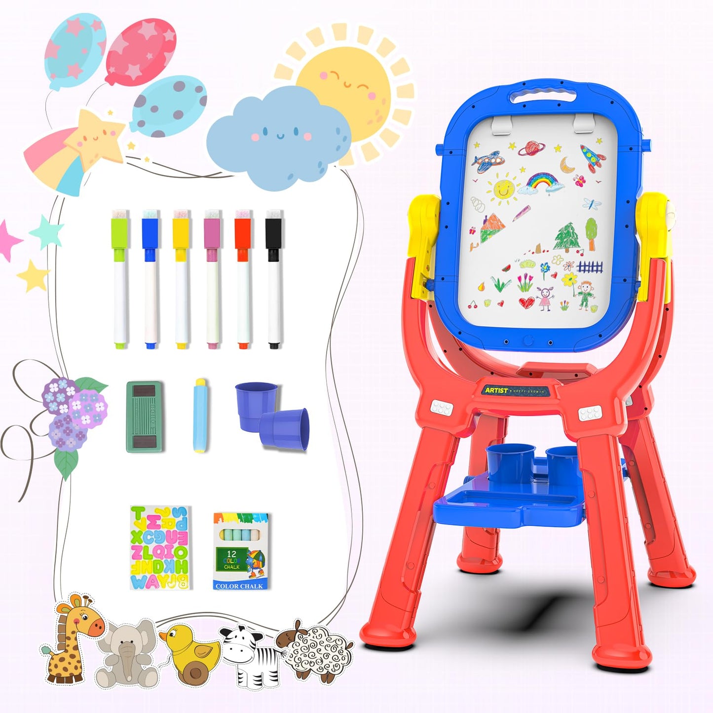 Ylovetoys Easel for Kids - Adjustable, Double-Sided Magnetic Easel with Painting Accessories