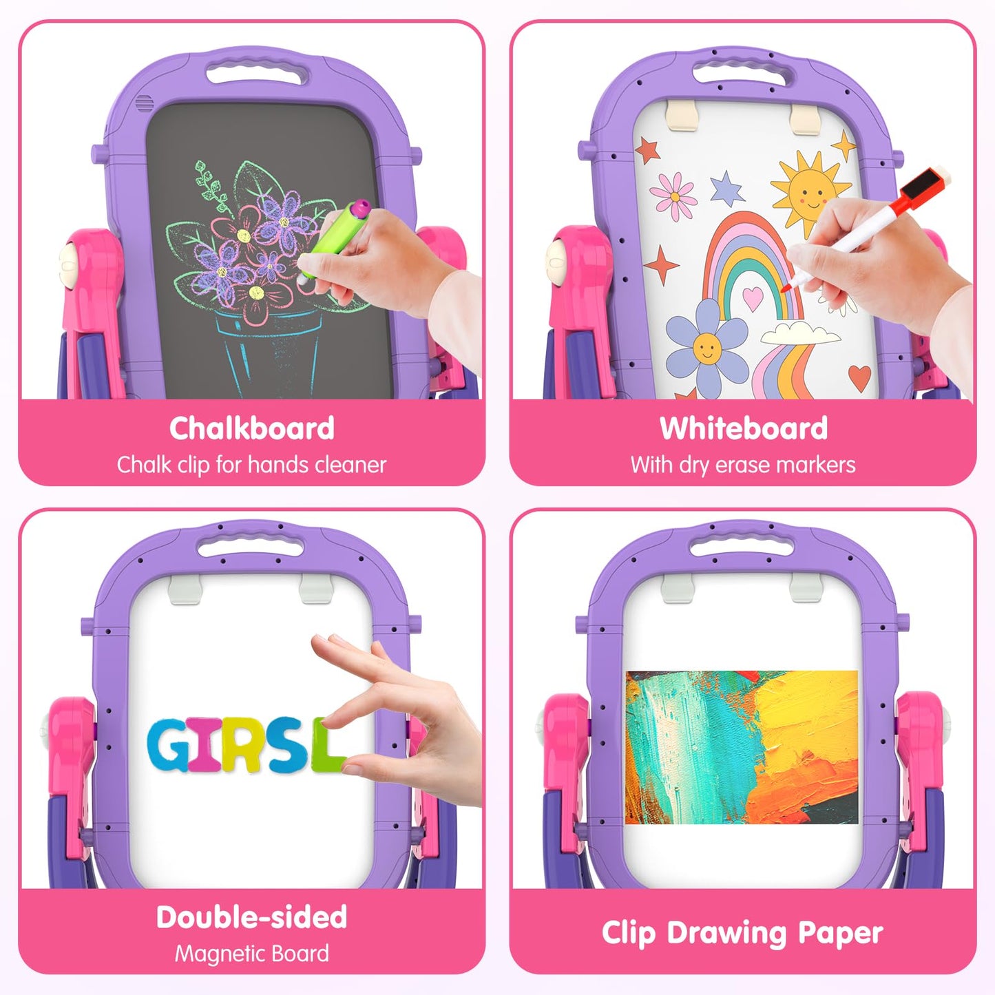 Ylovetoys Adjustable Magnetic Double-Sided Easel for Kids - Purple-Red