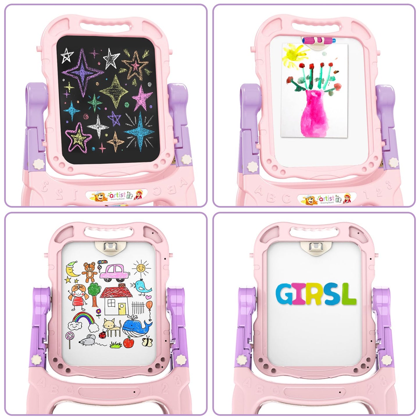 Ylovetoys Kids Art Easel – Adjustable Double-Sided Whiteboard & Chalkboard (Pink)