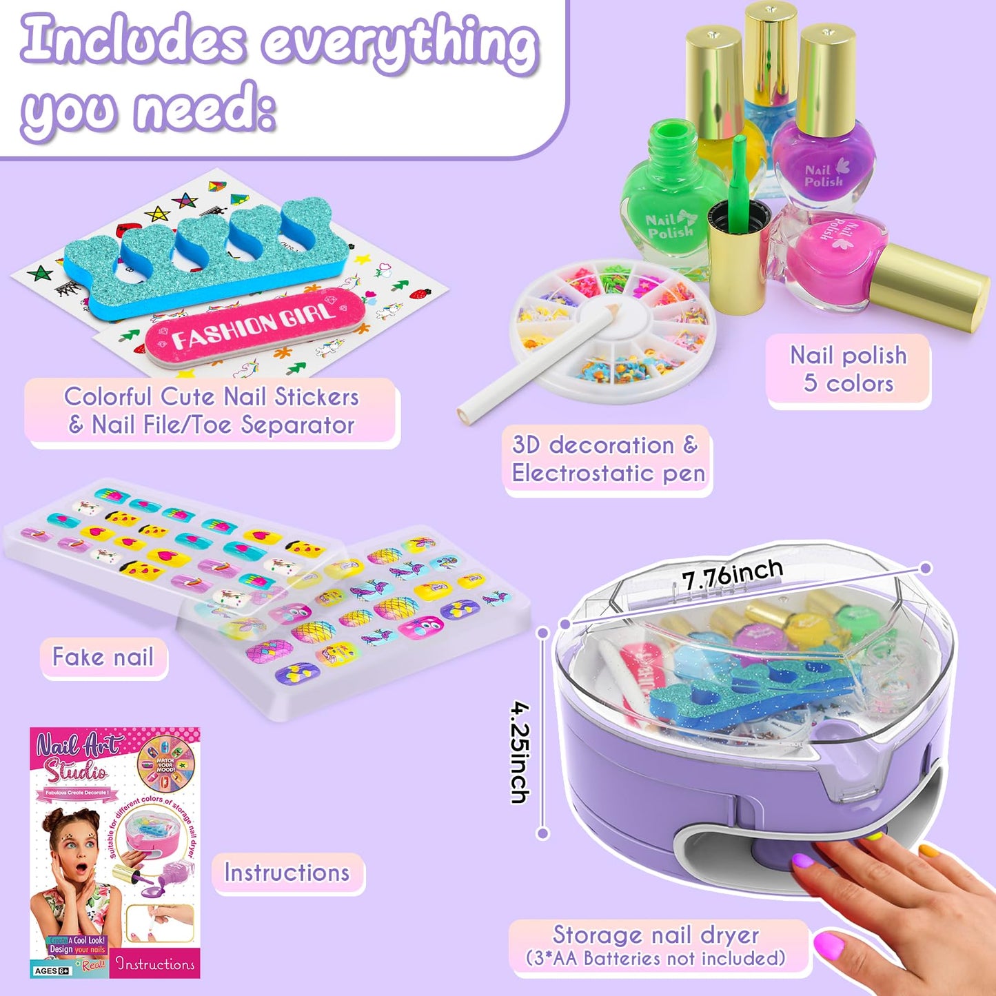 Ylovetoys Kids Nail Polish Set & All-In-One Nail Dryer Salon for Girls 7-12