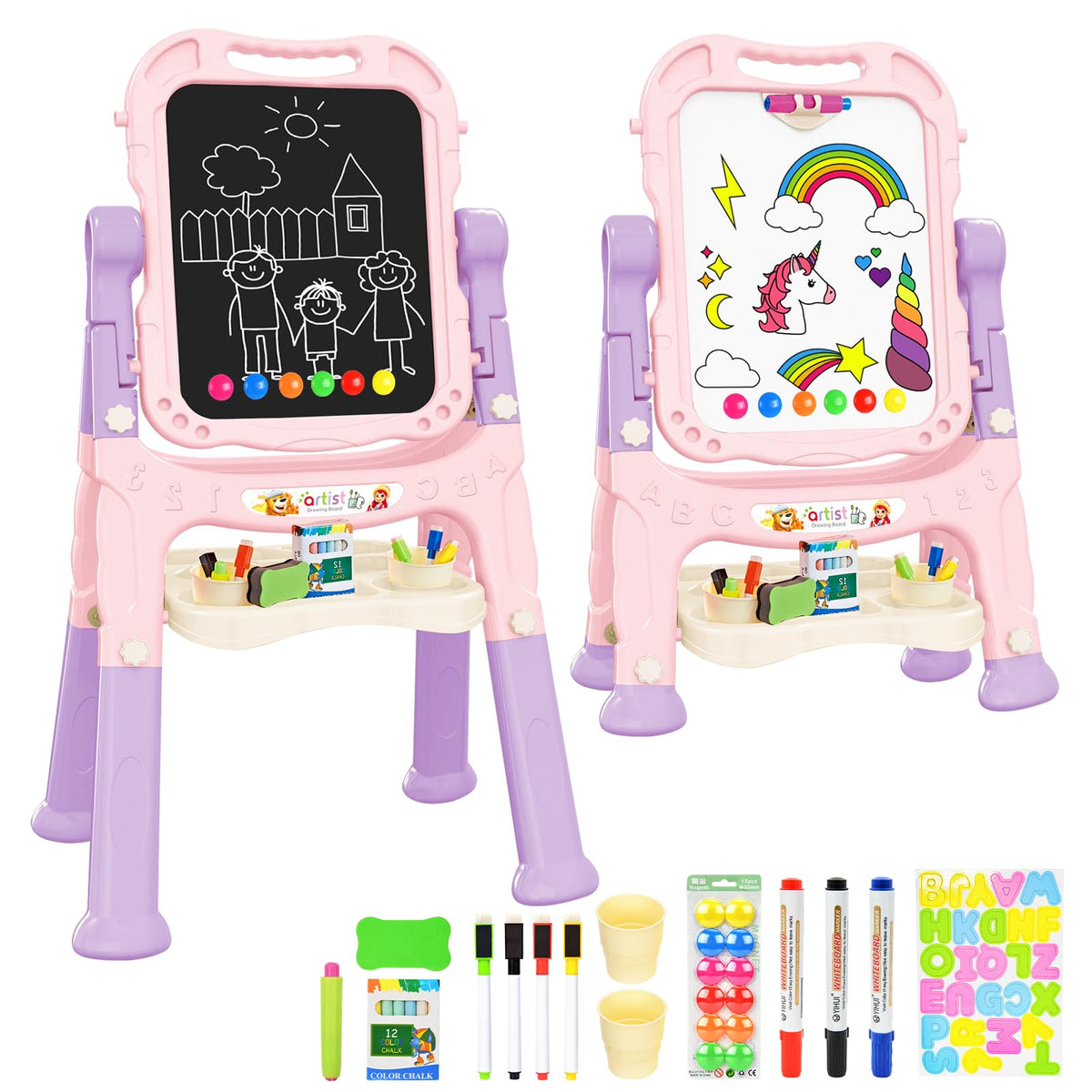 Ylovetoys Kids Art Easel – Adjustable Double-Sided Whiteboard & Chalkboard (Pink)