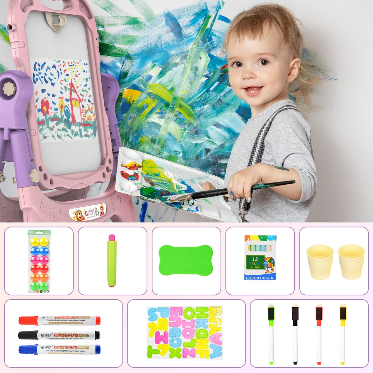 Ylovetoys Kids Art Easel – Adjustable Double-Sided Whiteboard & Chalkboard (Pink)