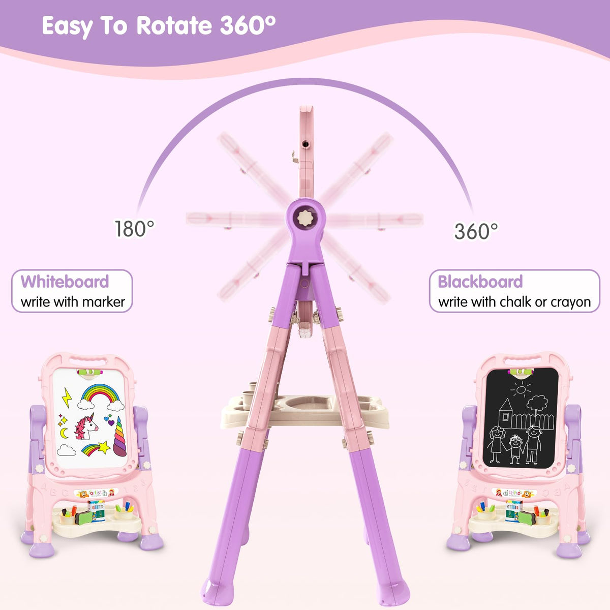 Ylovetoys Kids Art Easel – Adjustable Double-Sided Whiteboard & Chalkboard (Pink)