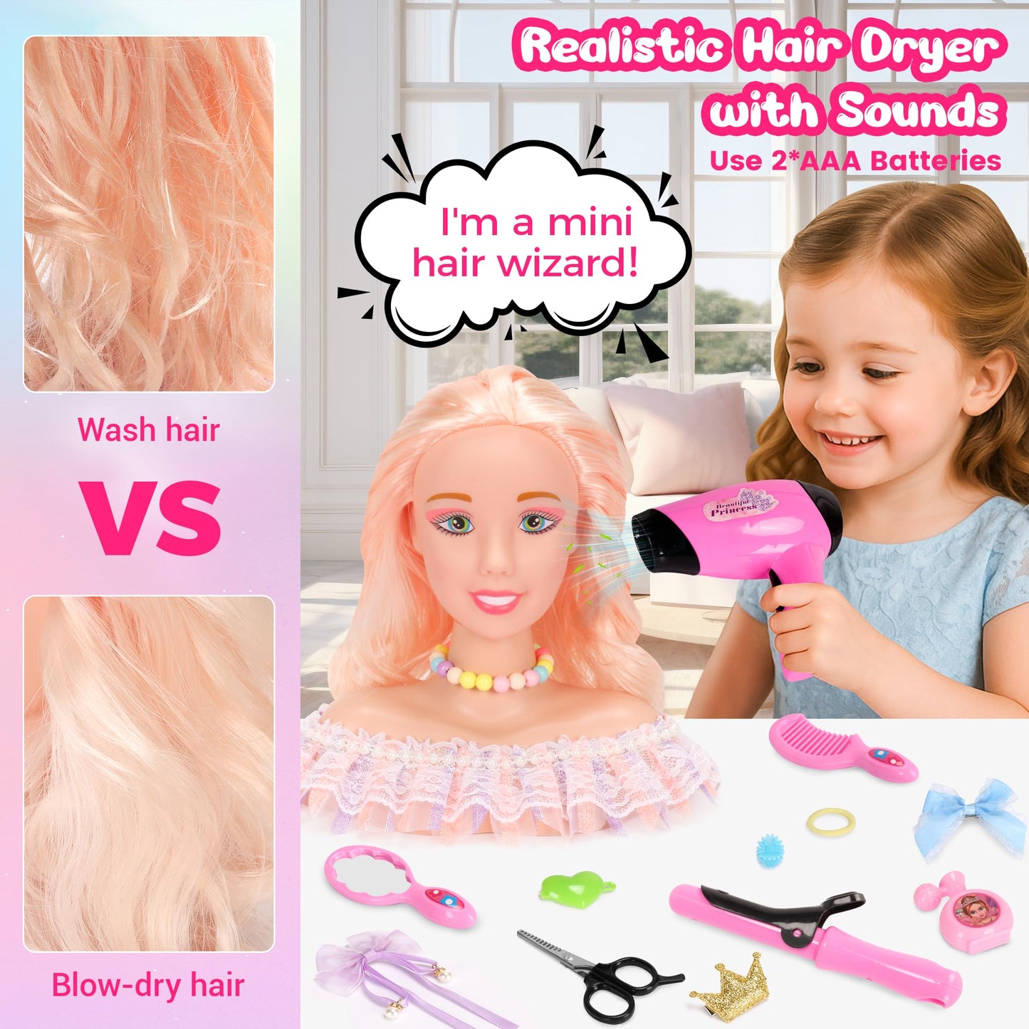 Ylpaprm 41PCS Deluxe Makeup Doll Head Kit for Kids 8+ – Hair Dryer, Curling Iron & Accessory Set