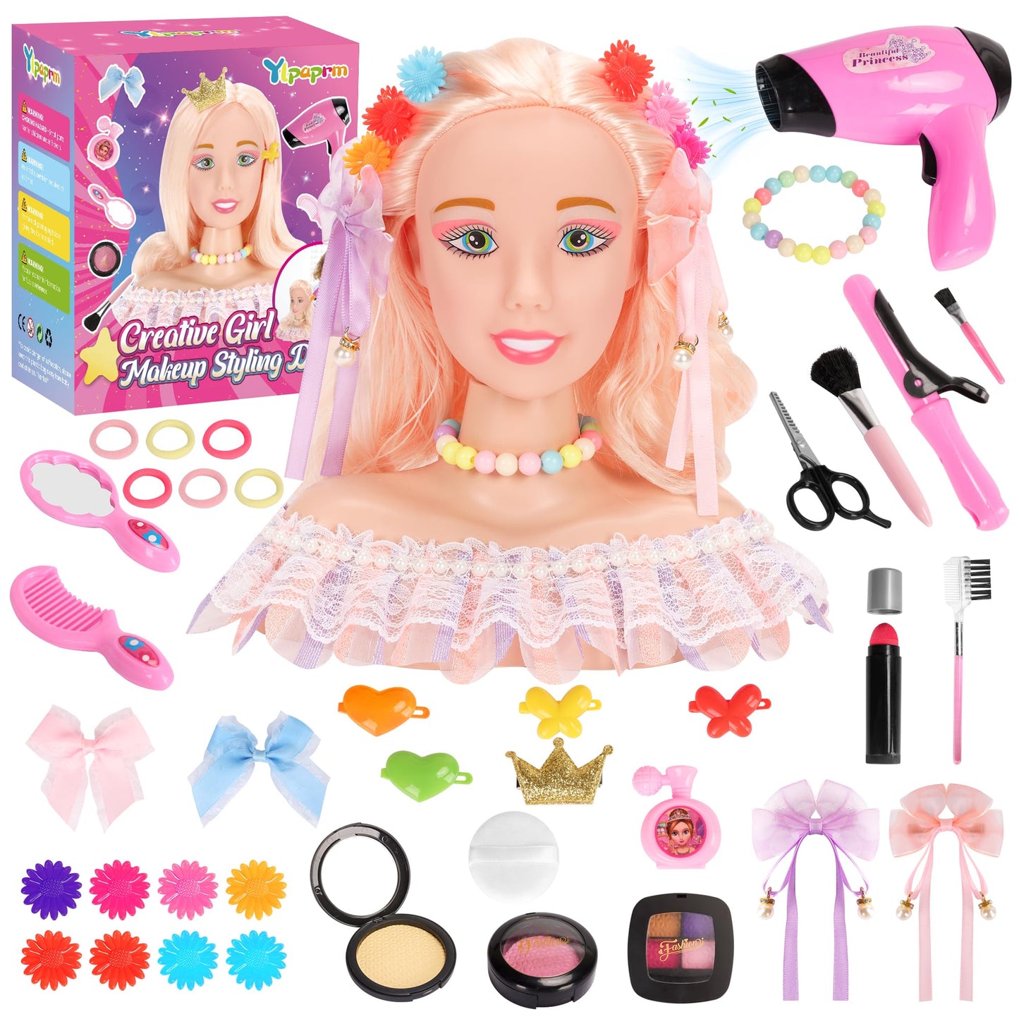 Ylpaprm 41PCS Deluxe Makeup Doll Head Kit for Kids 8+ – Hair Dryer, Curling Iron & Accessory Set