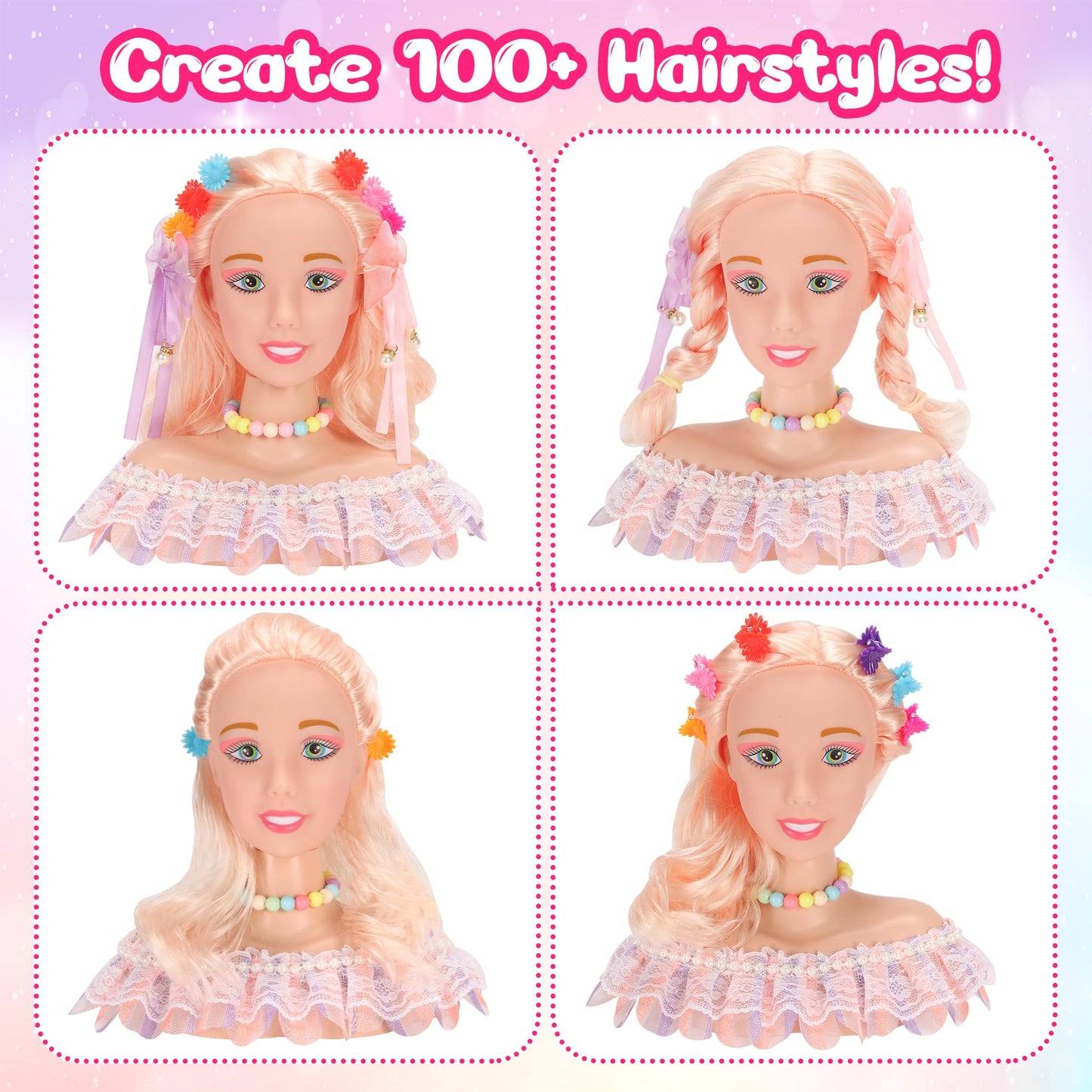 Ylpaprm 41PCS Deluxe Makeup Doll Head Kit for Kids 8+ – Hair Dryer, Curling Iron & Accessory Set