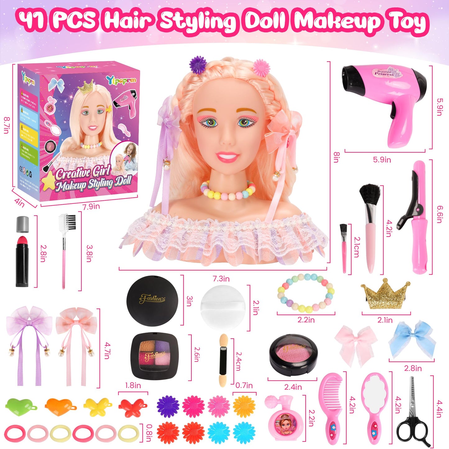 Ylpaprm 41PCS Deluxe Makeup Doll Head Kit for Kids 8+ – Hair Dryer, Curling Iron & Accessory Set