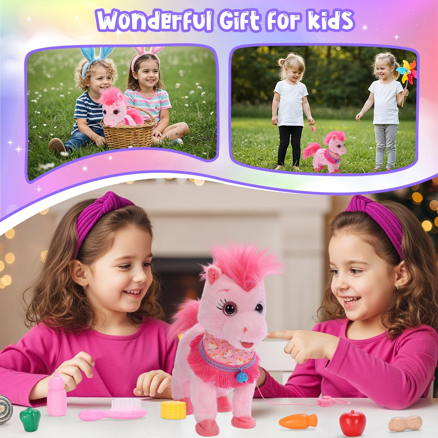 Ylpaprm Pink Walking Pony Set - Interactive Talking Plush Toy for Kids 3+