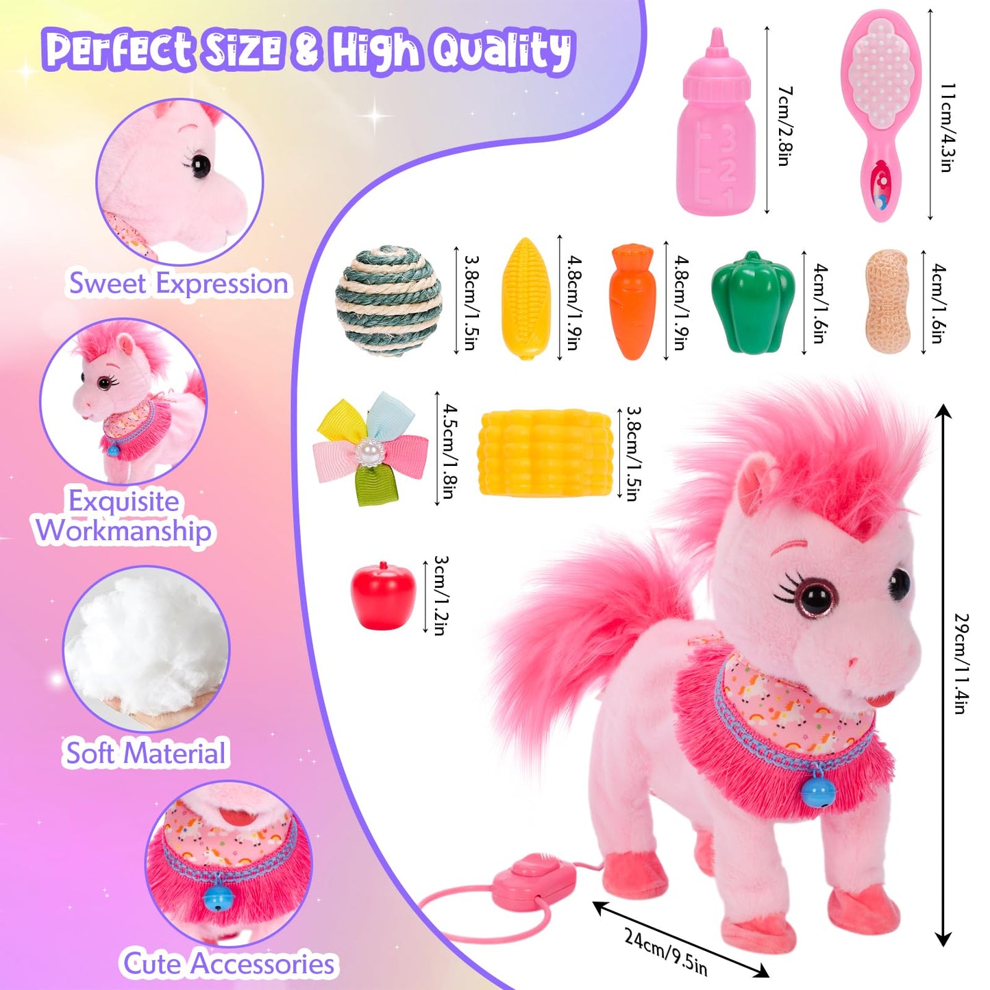 Ylpaprm Pink Walking Pony Set - Interactive Talking Plush Toy for Kids 3+