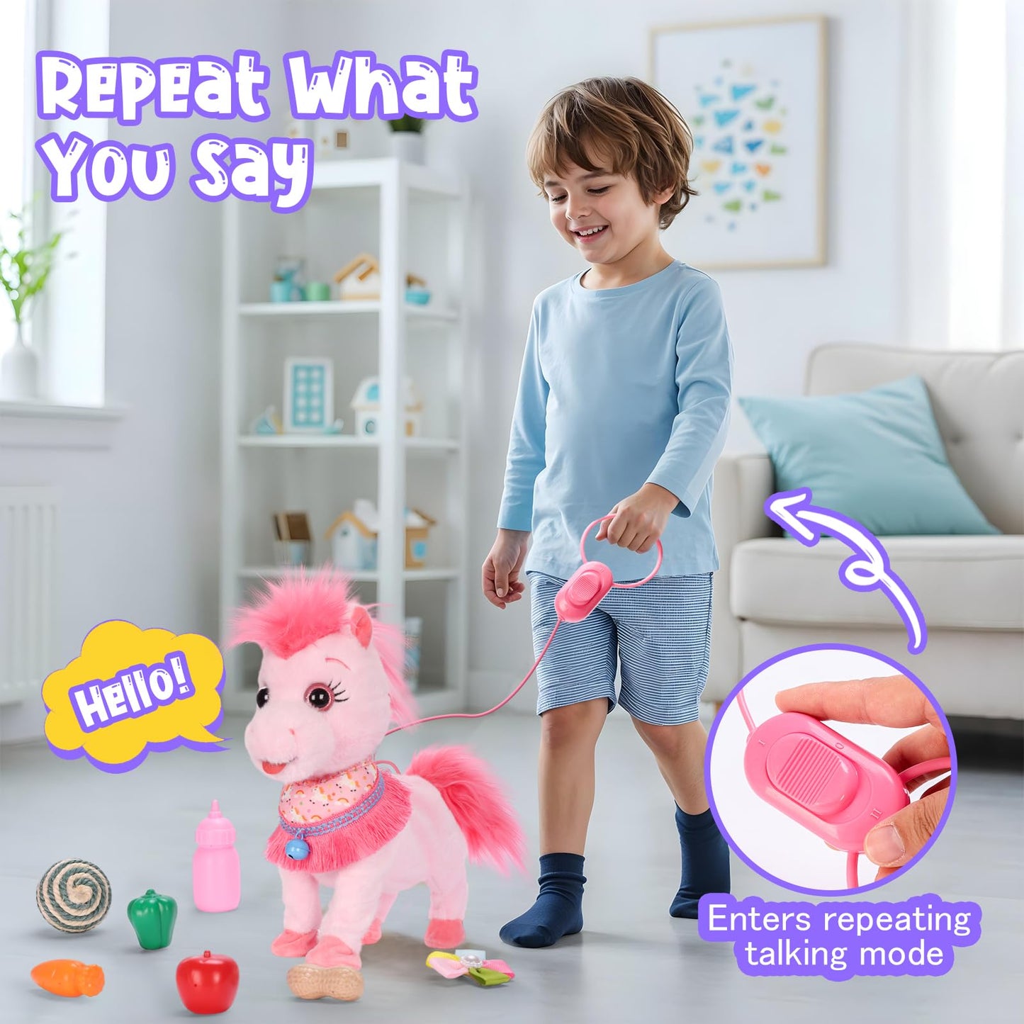 Ylpaprm Pink Walking Pony Set - Interactive Talking Plush Toy for Kids 3+