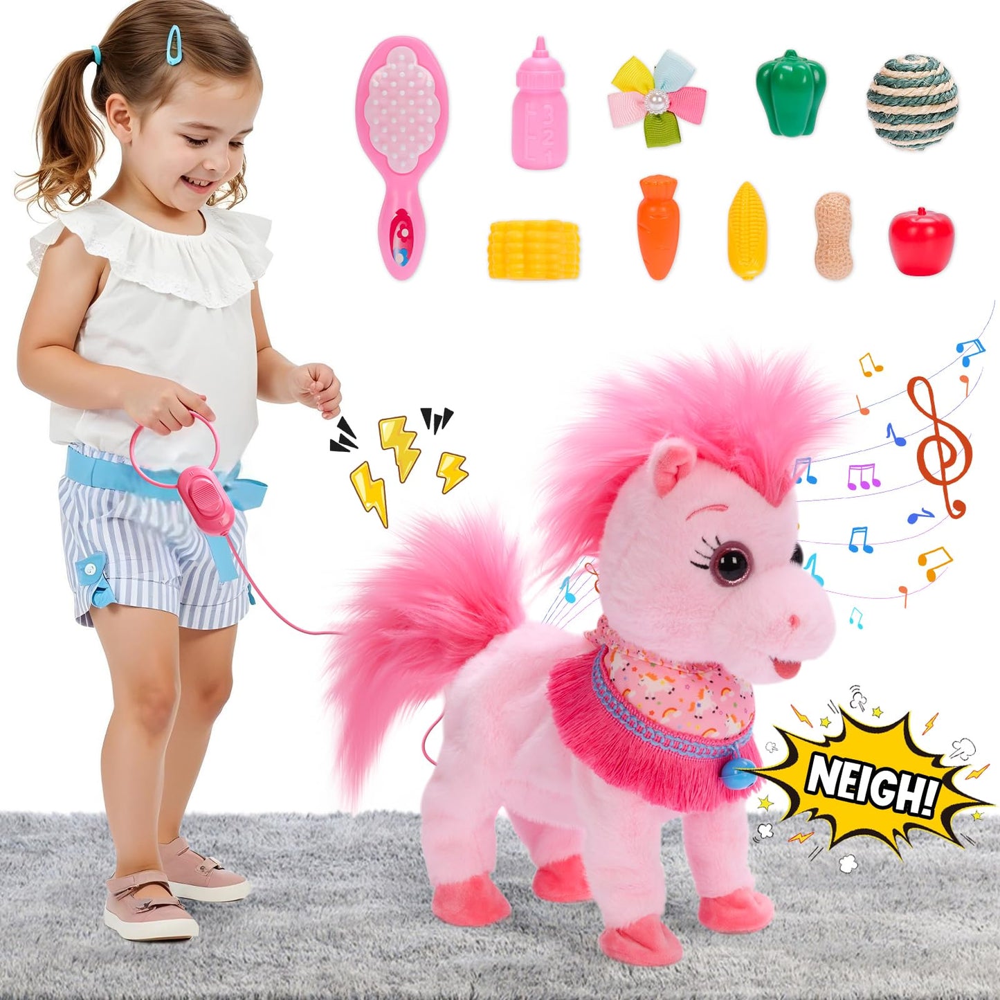 Ylpaprm Pink Walking Pony Set - Interactive Talking Plush Toy for Kids 3+