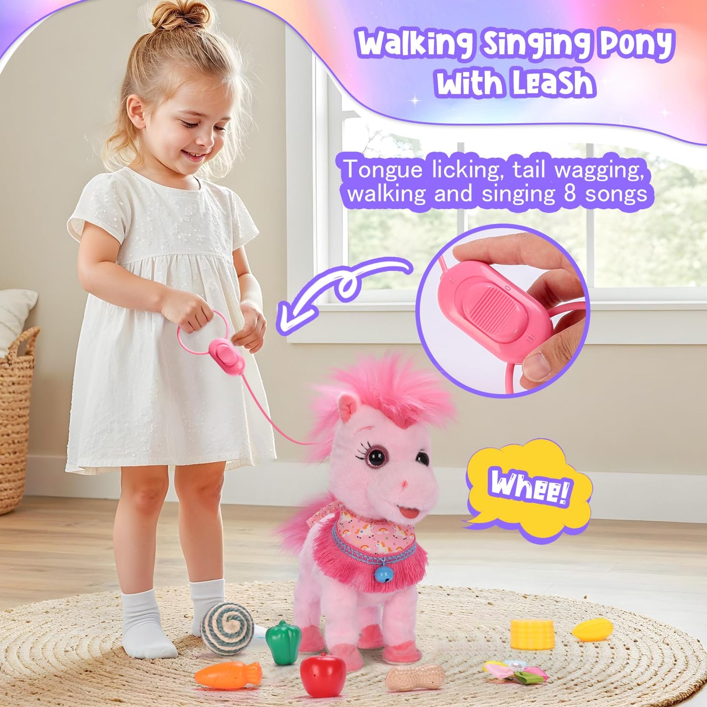 Ylpaprm Pink Walking Pony Set - Interactive Talking Plush Toy for Kids 3+