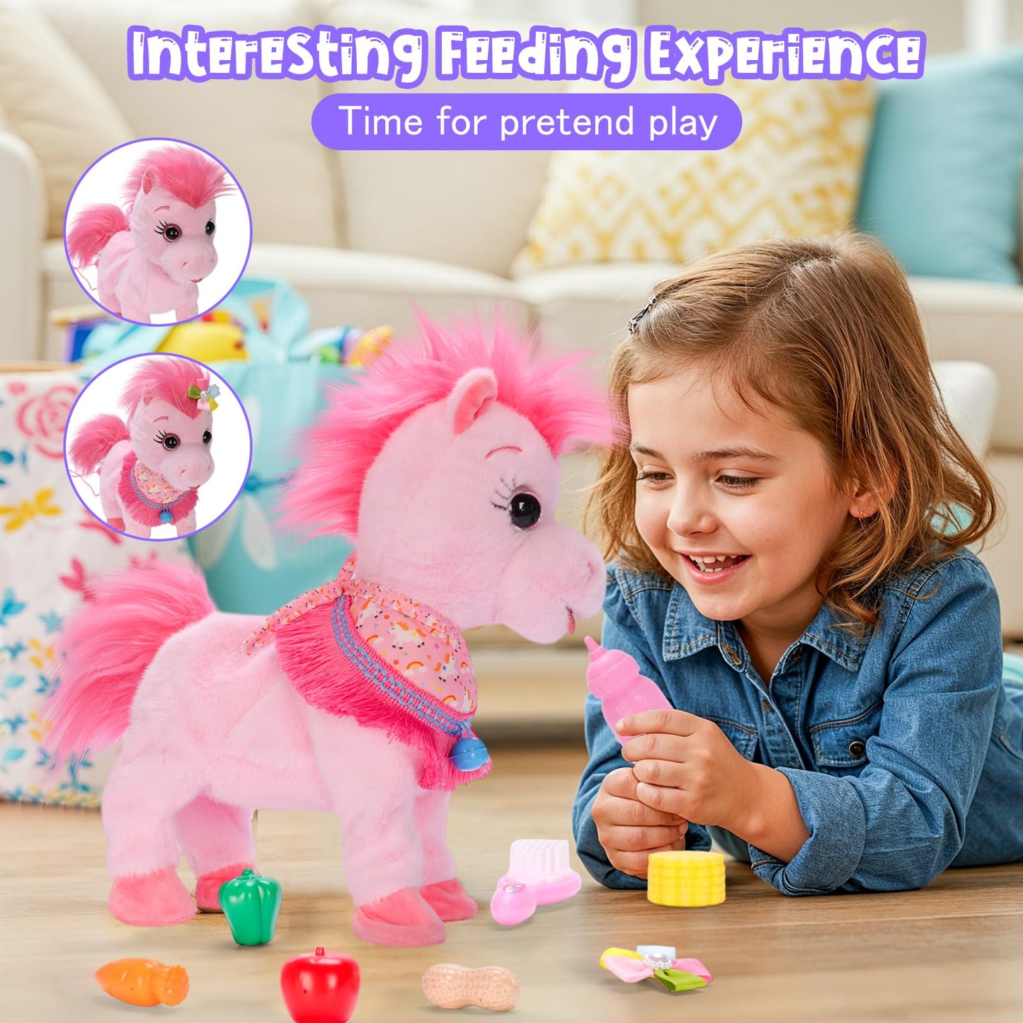 Ylpaprm Pink Walking Pony Set - Interactive Talking Plush Toy for Kids 3+