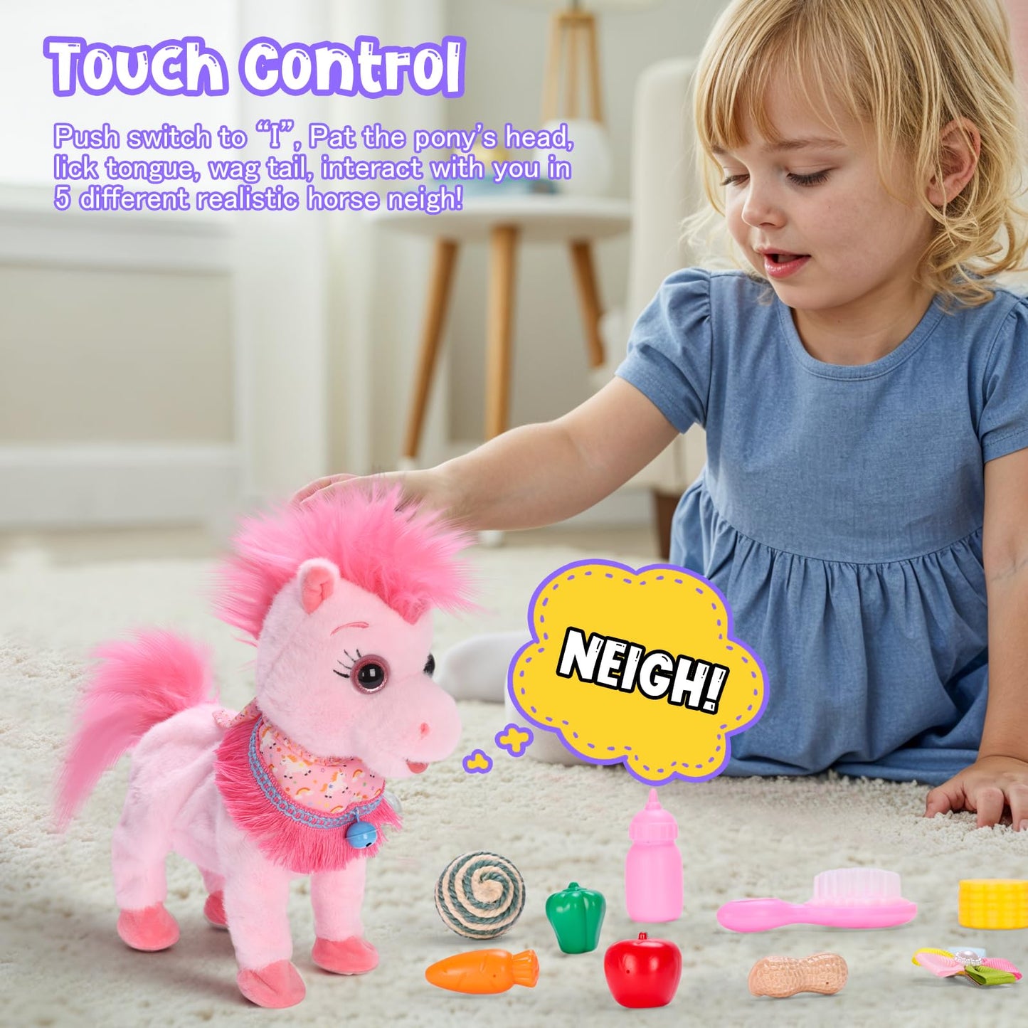 Ylpaprm Pink Walking Pony Set - Interactive Talking Plush Toy for Kids 3+