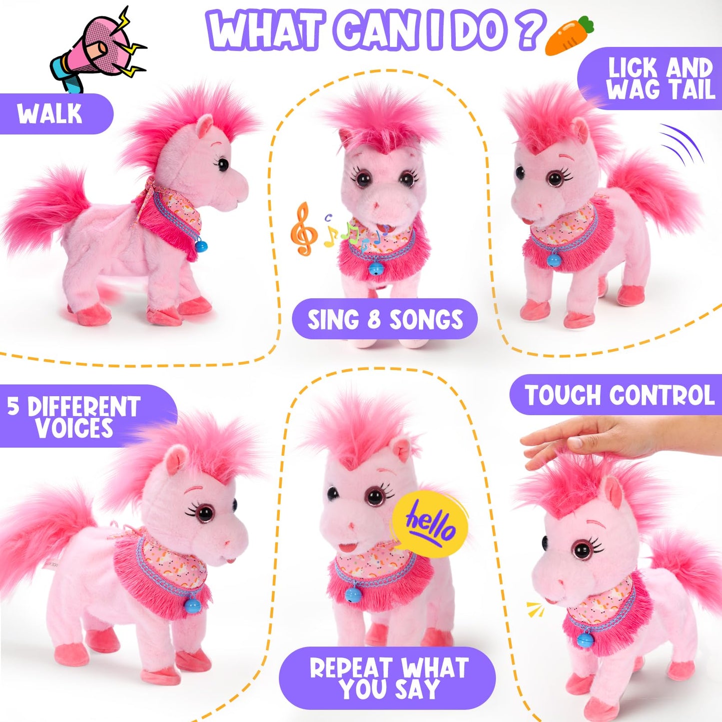 Ylpaprm Pink Walking Pony Set - Interactive Talking Plush Toy for Kids 3+