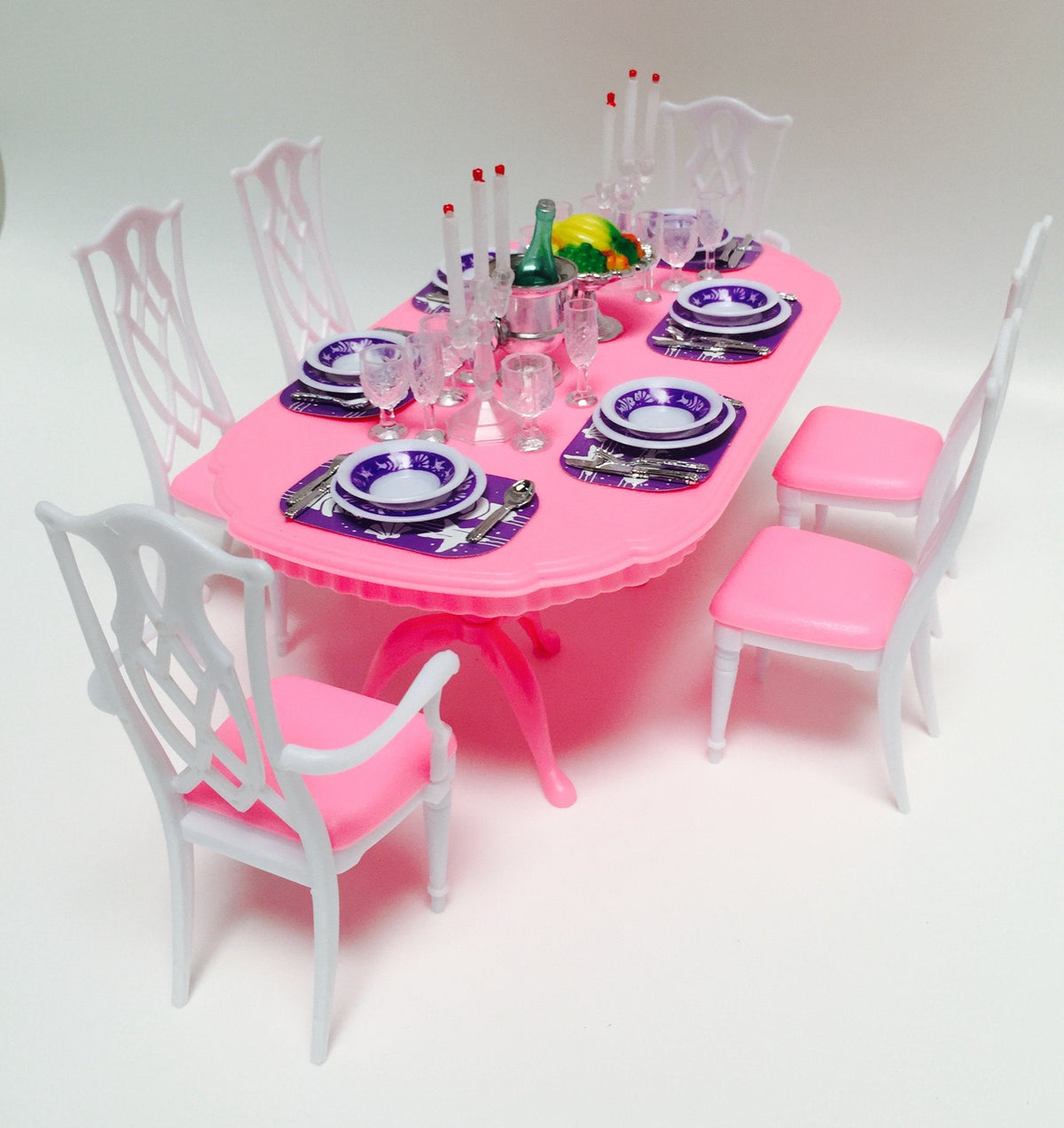 YMCtoys My Fancy Life Dollhouse Dining Room Set – Pink Oval Table & Lattice-Back Chairs