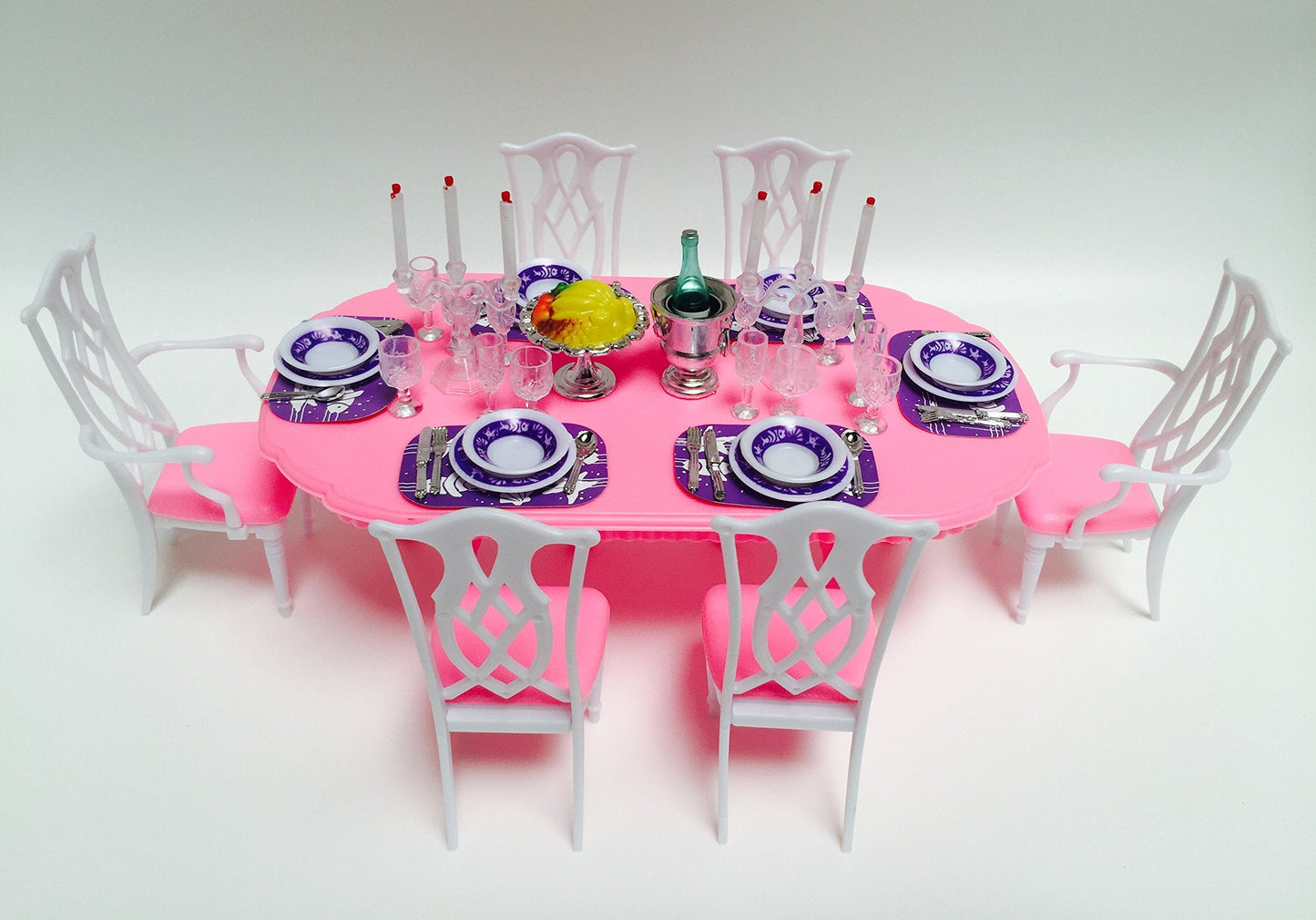 YMCtoys My Fancy Life Dollhouse Dining Room Set – Pink Oval Table & Lattice-Back Chairs