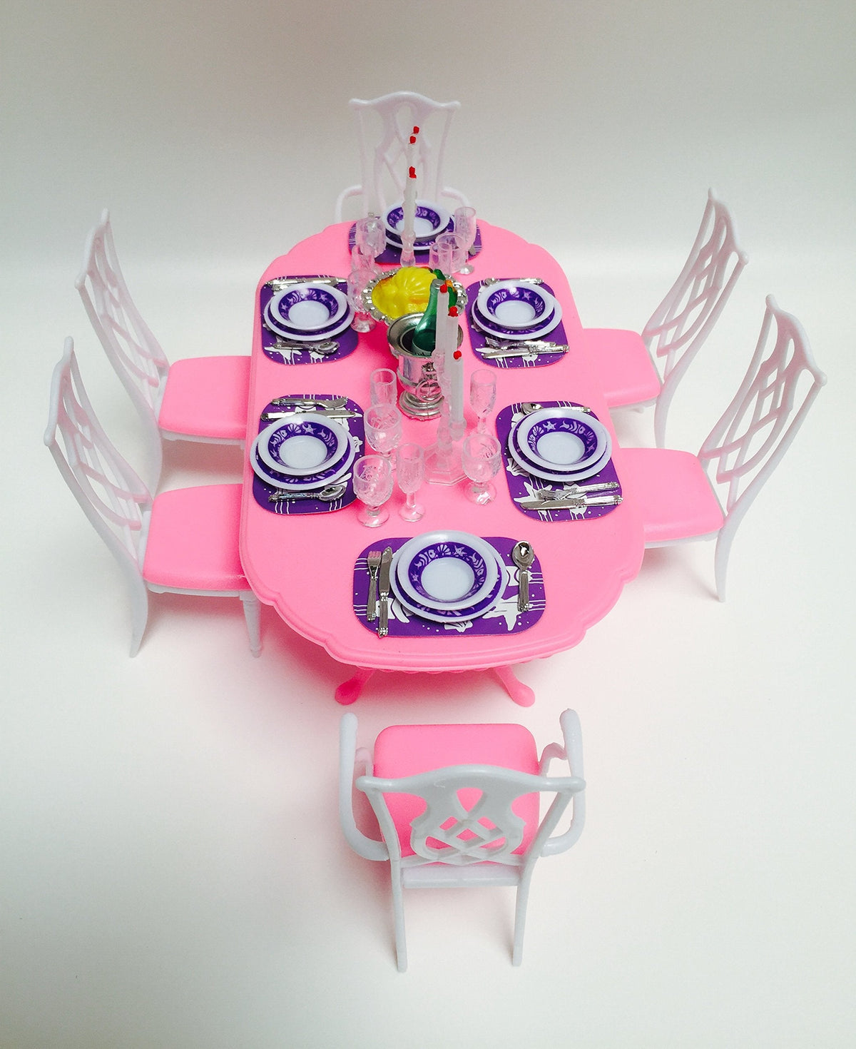 YMCtoys My Fancy Life Dollhouse Dining Room Set – Pink Oval Table & Lattice-Back Chairs