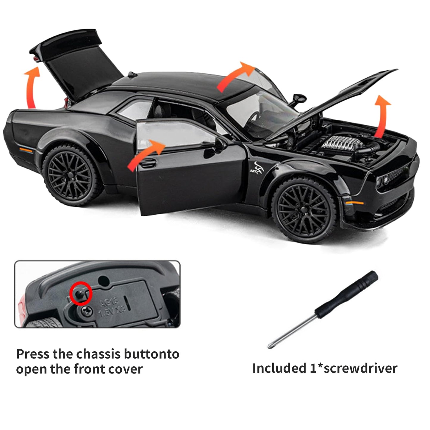YMHAT Toy Cars 1/32 Dodge Challenger Hellcat – Die Cast with Sound & Light, Open-Door Pull-Back
