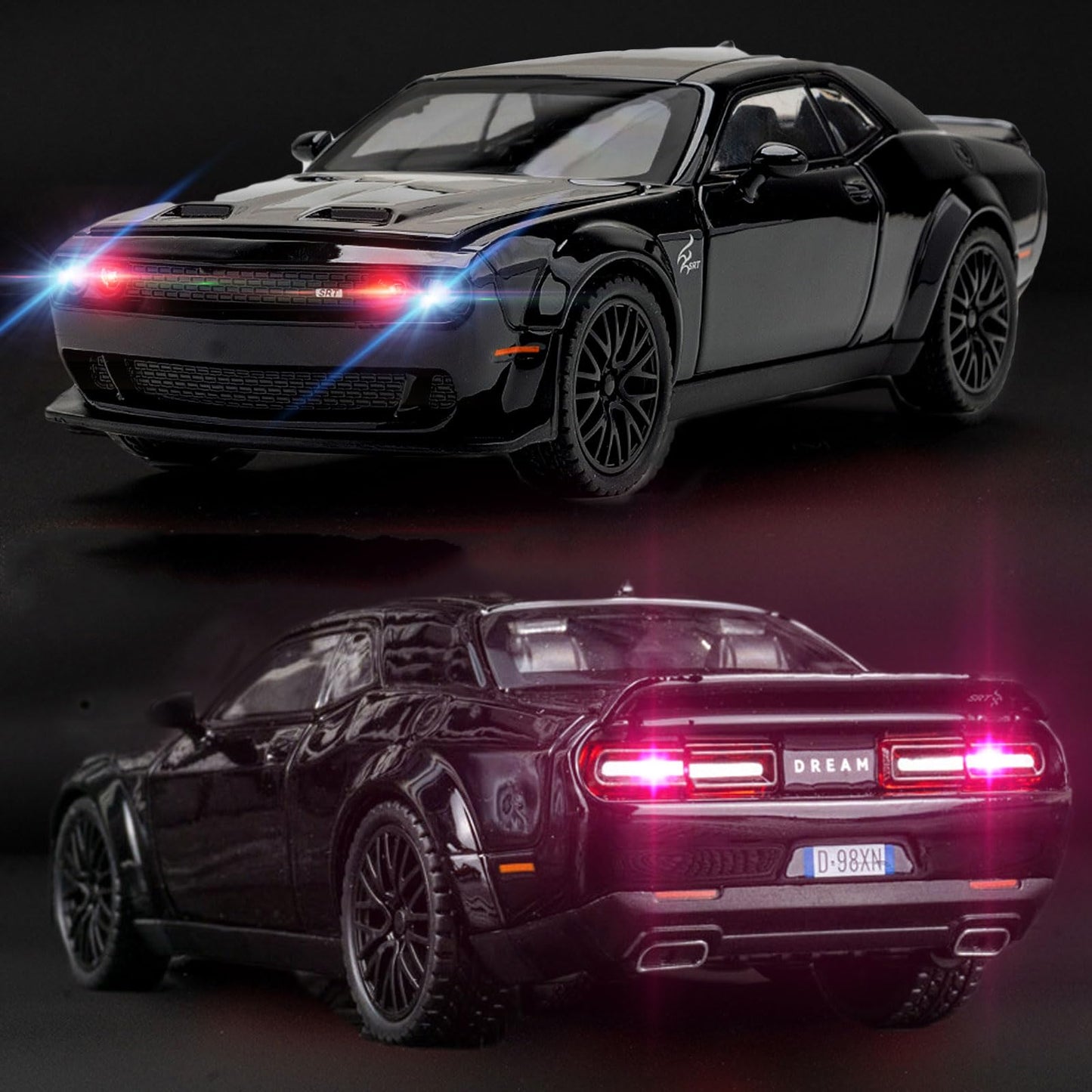 YMHAT Toy Cars 1/32 Dodge Challenger Hellcat – Die Cast with Sound & Light, Open-Door Pull-Back