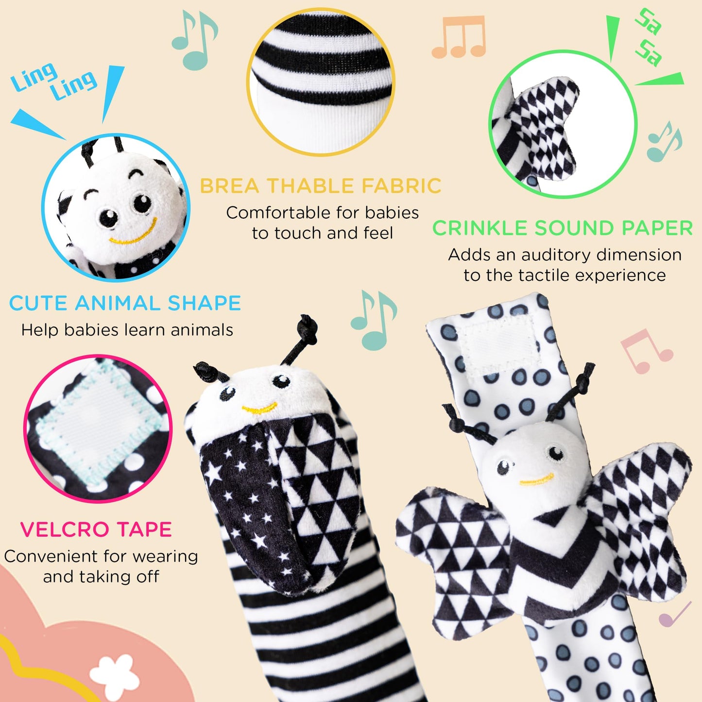 Ymonlia Infant Toys 0-6 Months | 4-Piece Wrist Rattles & Foot Finder Socks