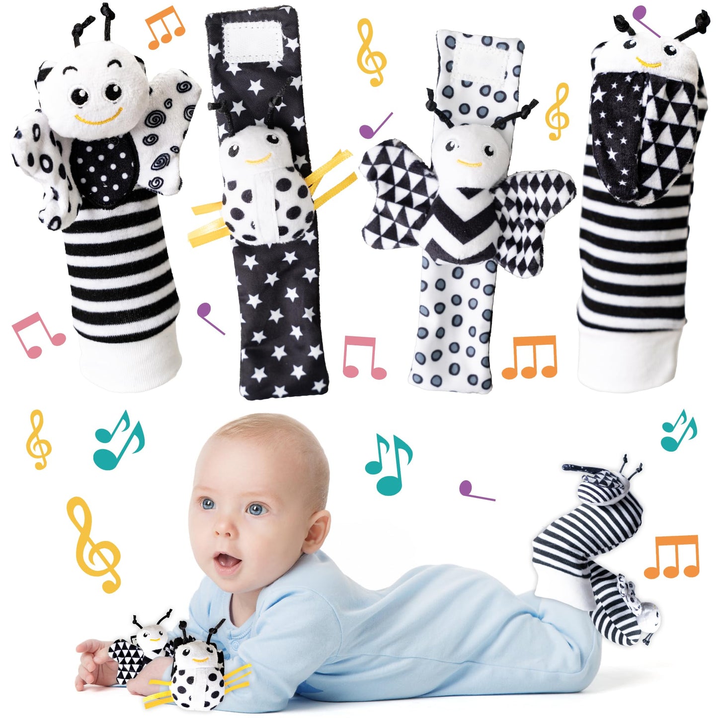 Ymonlia Infant Toys 0-6 Months | 4-Piece Wrist Rattles & Foot Finder Socks
