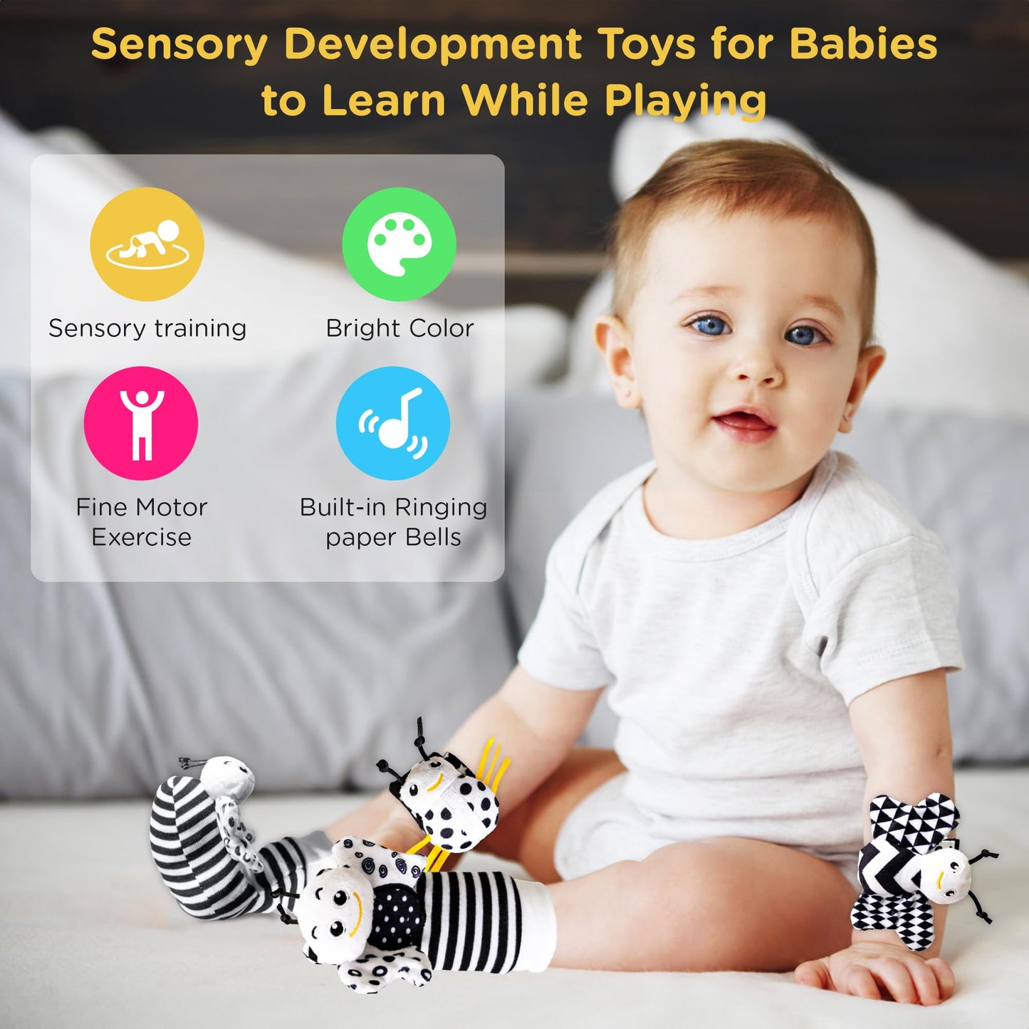 Ymonlia Infant Toys 0-6 Months | 4-Piece Wrist Rattles & Foot Finder Socks