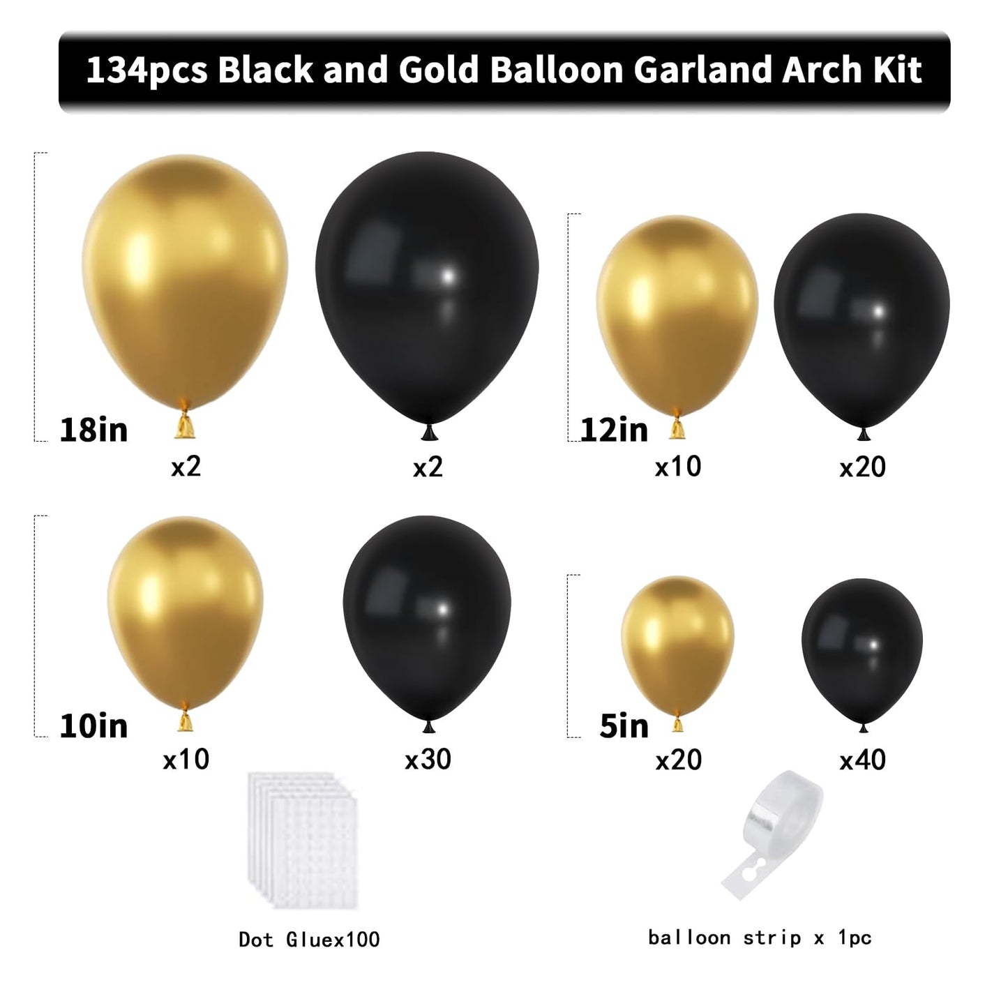 YMSZ Black and Gold Balloons Garland Arch Kit – 134pcs for Graduation, New Year & Birthday Parties